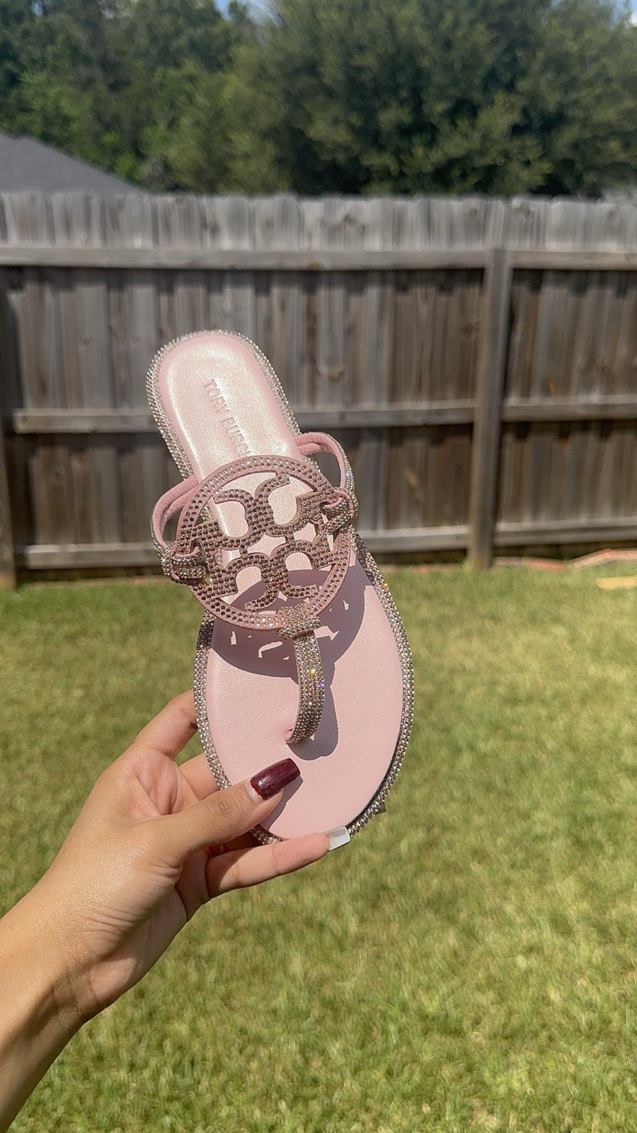 Tory Burch Women’s US 6 Pink Leather Thong Slip-On Sandals Rhinestone