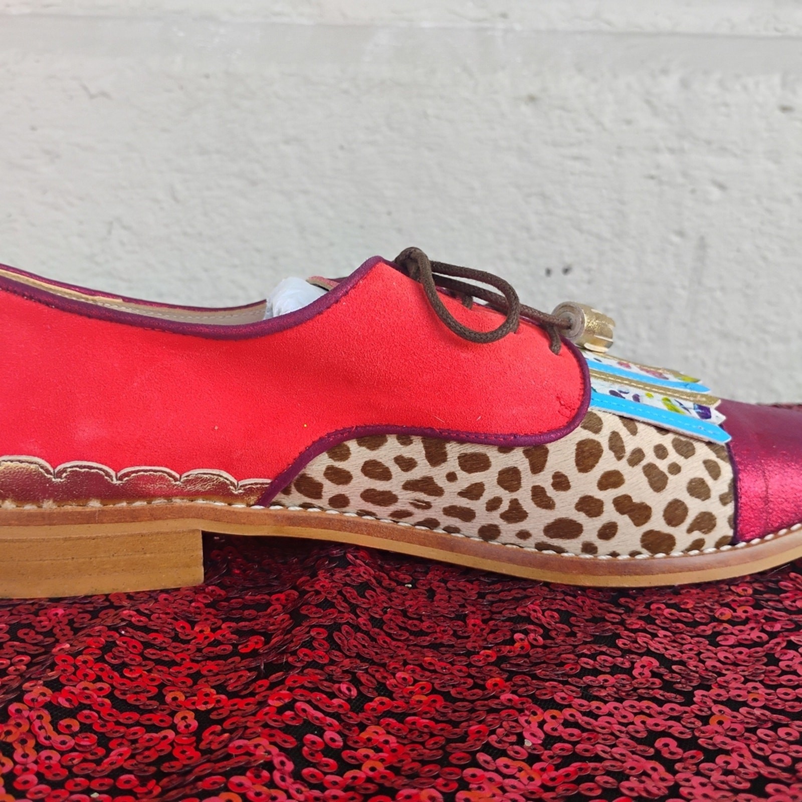 New Red Multicolor Leather & Suede Leopard Print Women Fringe Lace Up Oxford