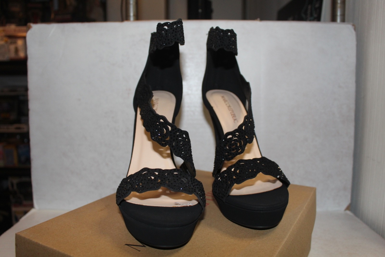 Marco Republic Yorkshire Laser Cut Rose Stiletto Sandals Black 5.25” Heel