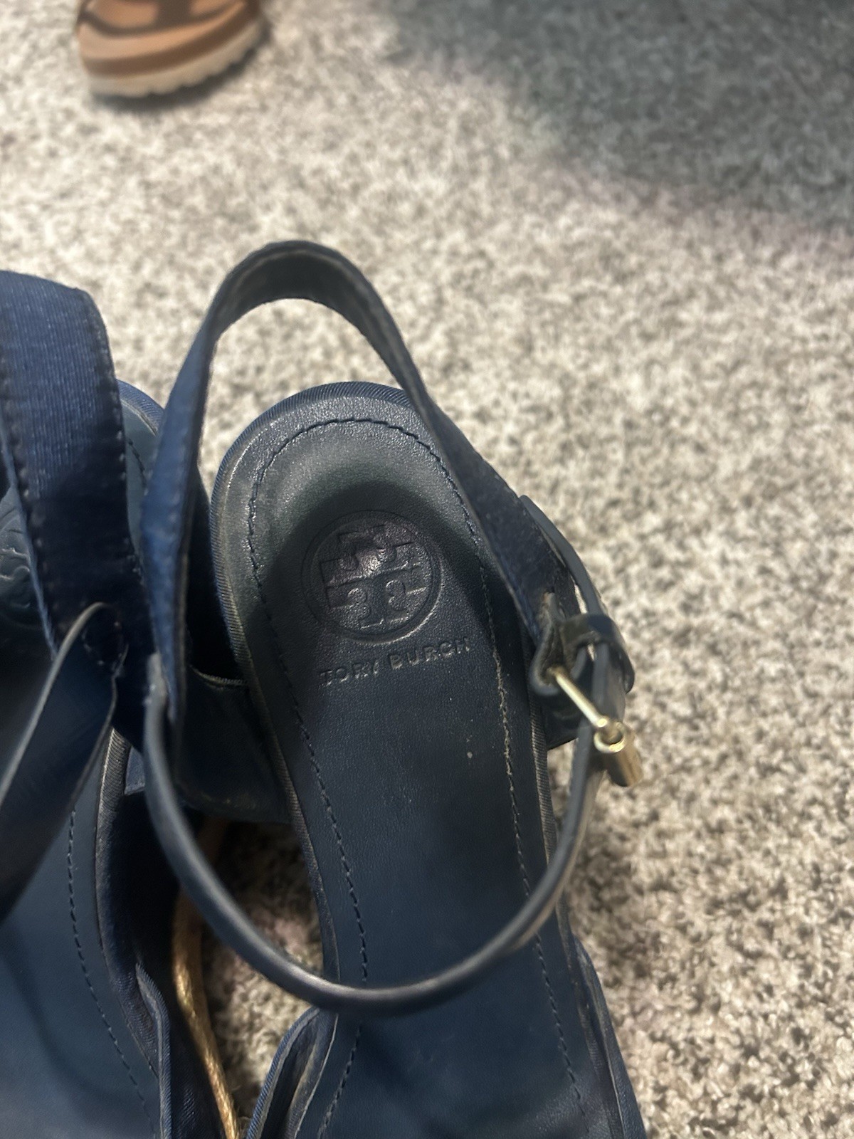 Tory Burch Blue Wedge Ankle Strap Sandals Bow Logo Buckle Women’s US 8