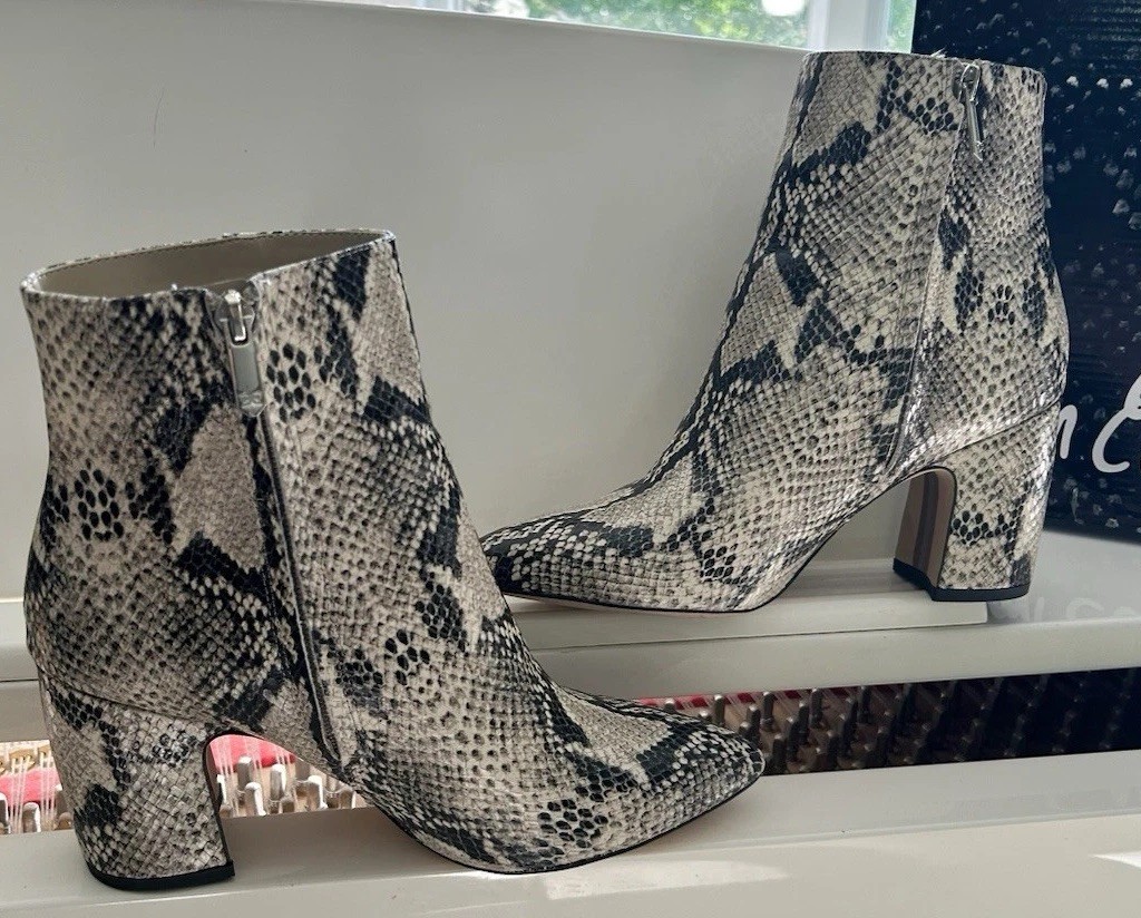 Sam Edelman Hilty Snakeskin Leather Ankle Boots 7.5 Block Heel Logo Zipper Multi