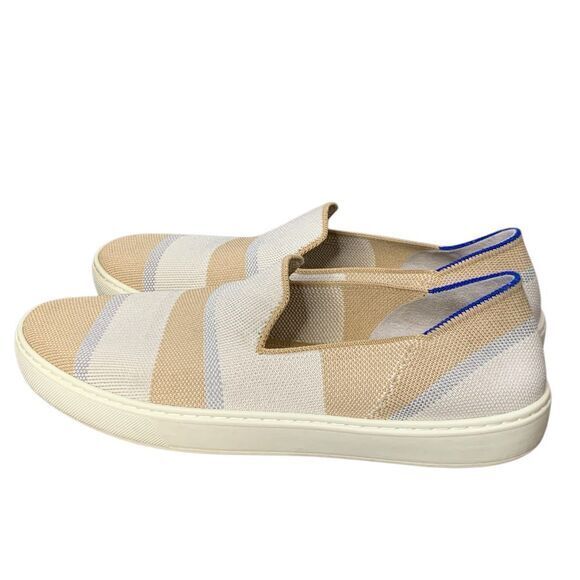 Rothy’s Birch Stripe Slip On Sneaker in tan, blue silver and white. Size 10