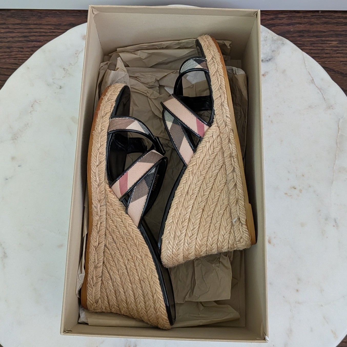 Burberry Nova Check Espadrille Wedge Sandals Black Patent Leather IT 37 3460643