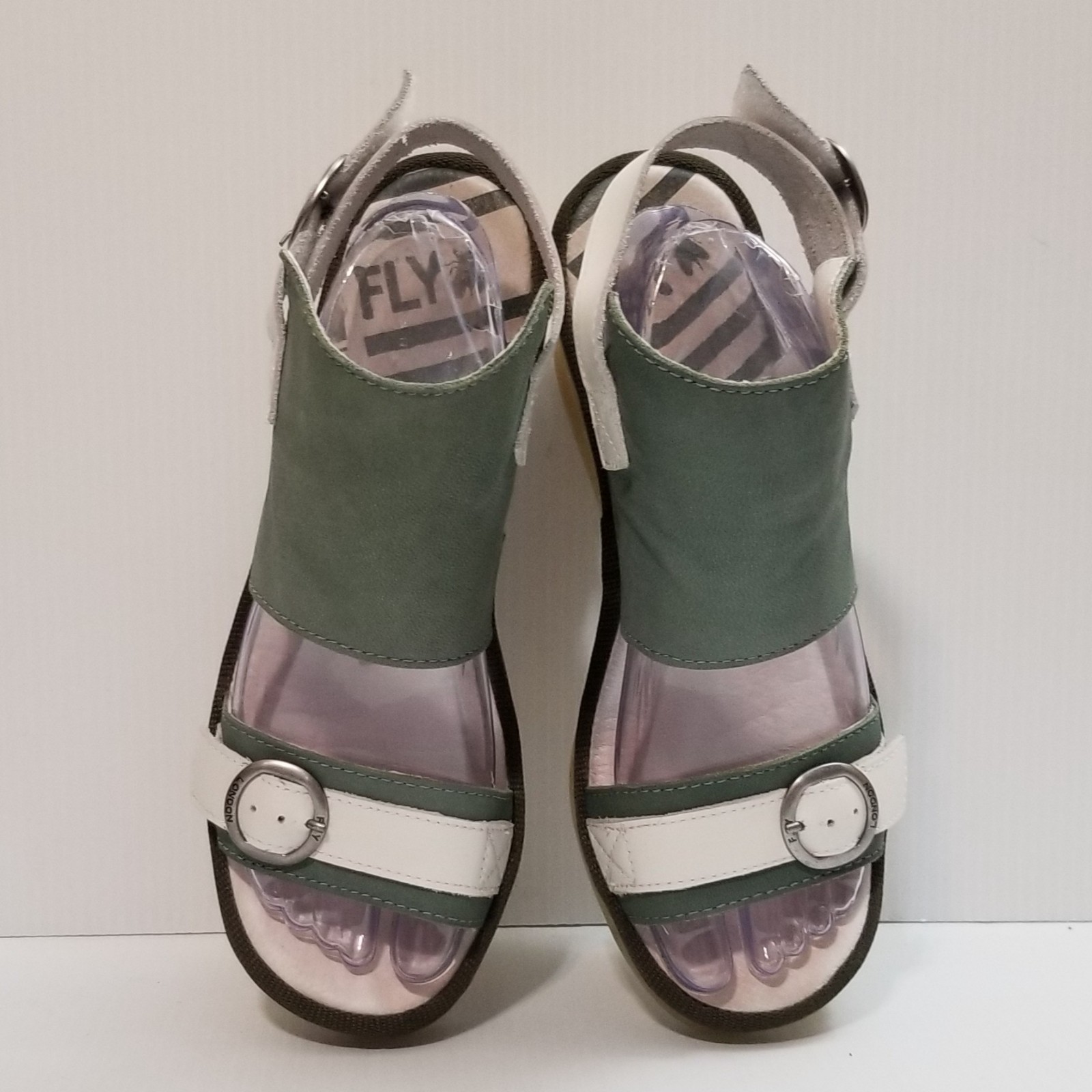 FLY London Leather Ankle Strap Transparent Wedges – Jeno – Green – EU 39 – US 8