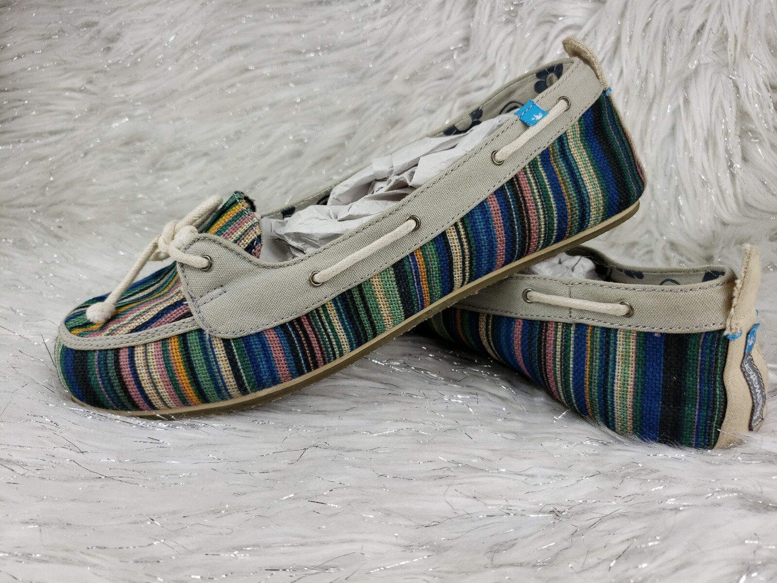 FREE WATERS Striped Womens Sz 9 Beige Multicolor Peace Flowers 640520