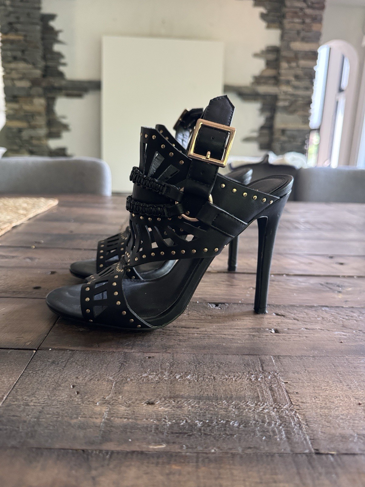 Liliana Women’s Black Faux Leather Studded Strappy Open Toe Heels 7.5