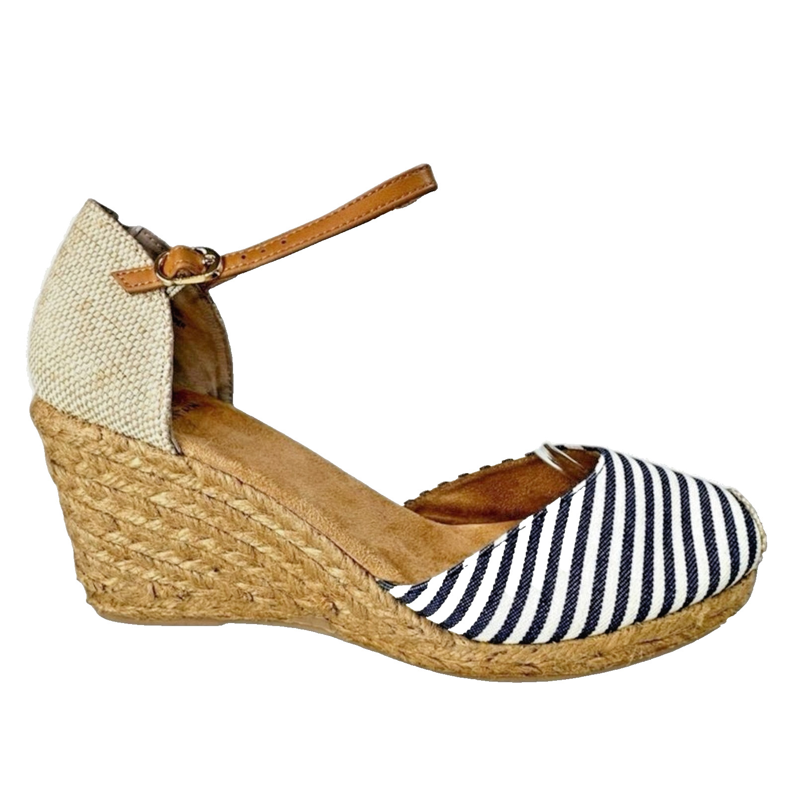 White Mountain Mamba Ankle Strap Espadrille Wedge Sandals Blue White Stripe 10M