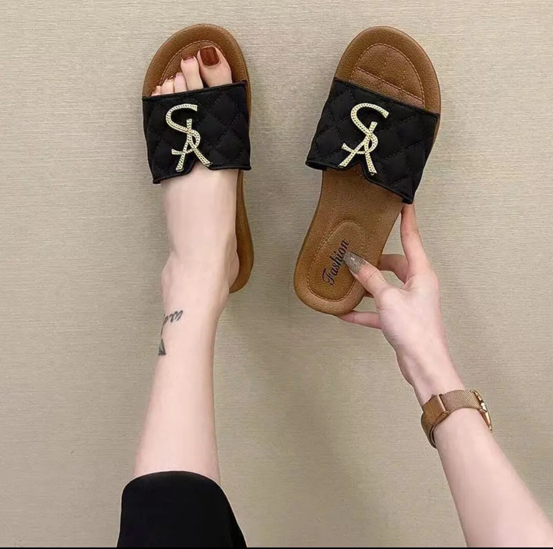 Slippers Woman Sandals On Gold Metal Decoration