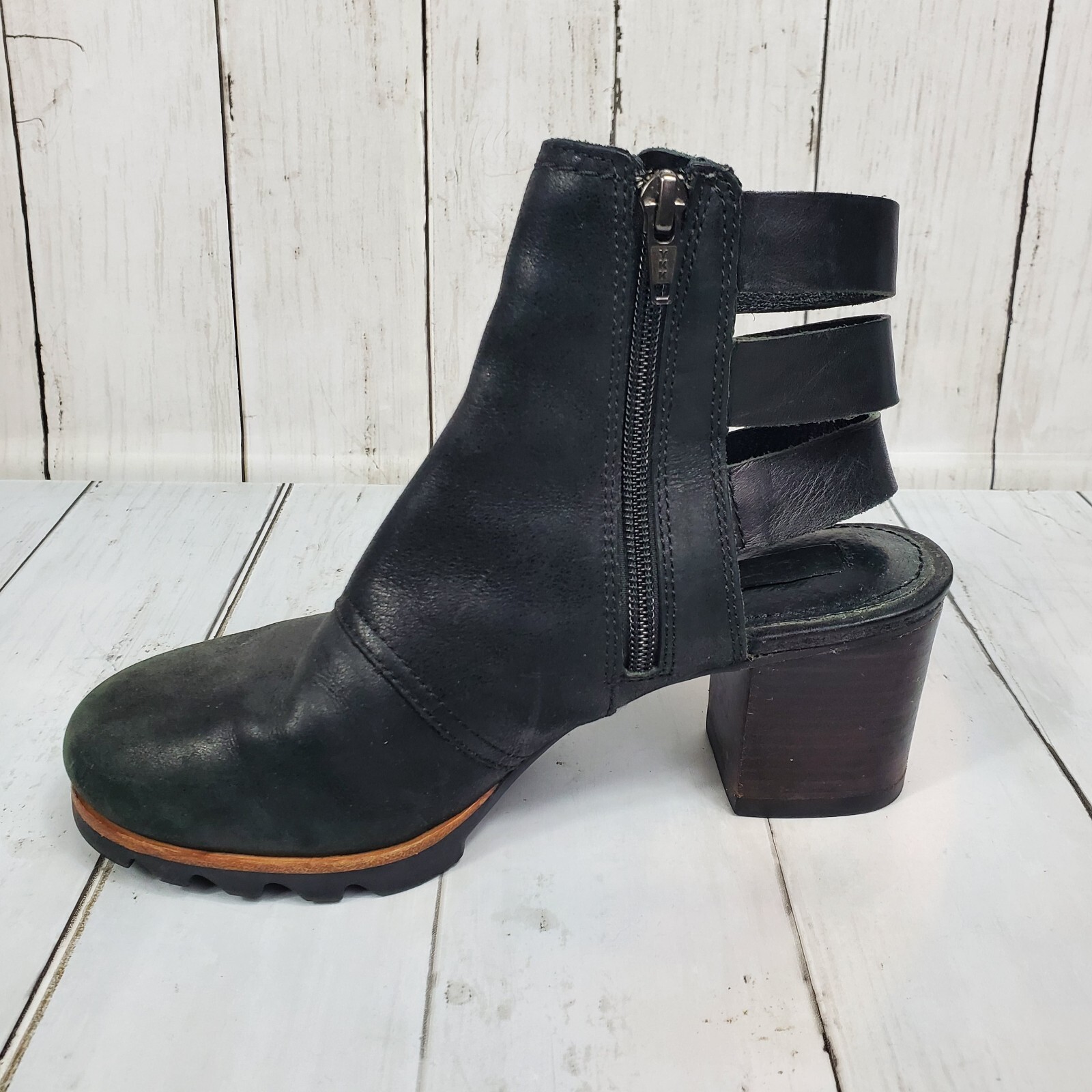 Sorel Addington Leather Strappy Back Block Heel Booties Women’s Size 6 Black