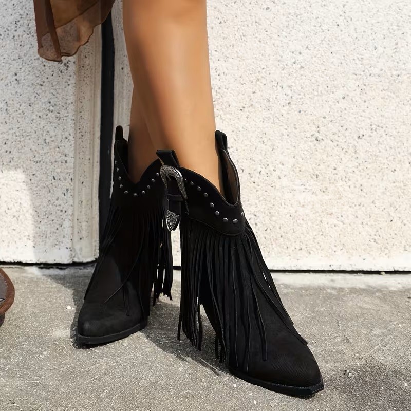 8 BLACK FAUX LEATHER FRINGE COWGIRL Boots WESTERN Embroidery Mid Calf BLOCK HEEL