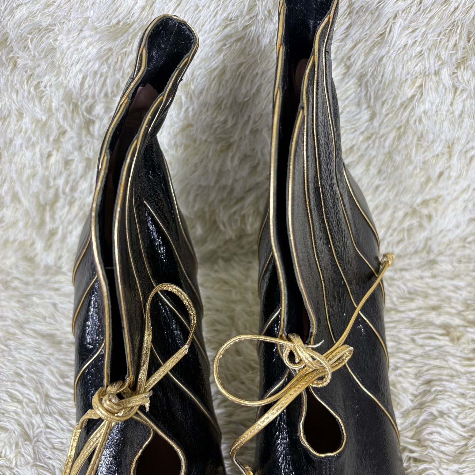 Emilio Pucci Booties Patent Leather Black Bow Pointed Toe EU36.5