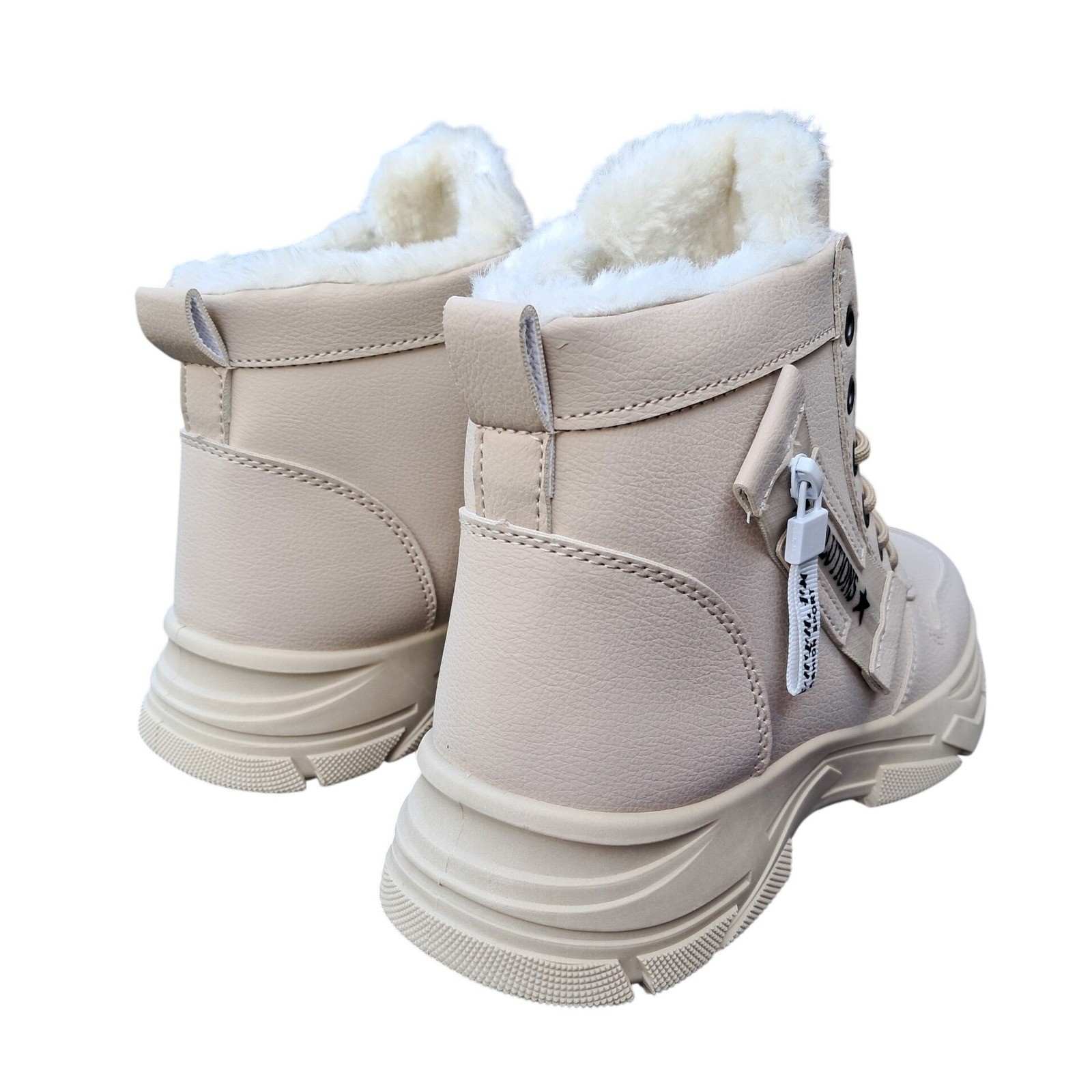 ZW Shuxian Beige Faux Fur Lined Chunky Lug Sole Combat Boots Womens Size 38 NEW