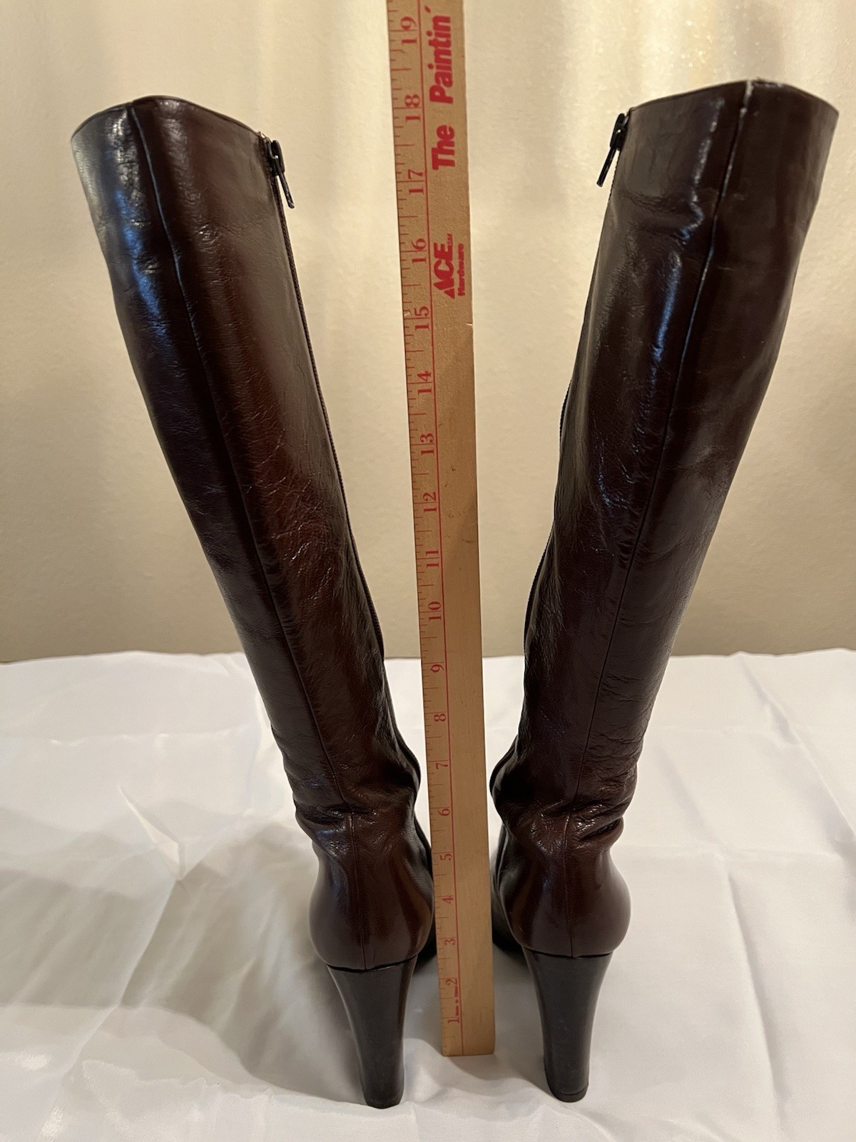 70s Vintage Halston Brown Leather Knee High Boots Womens 7M Block Heel Zip Italy