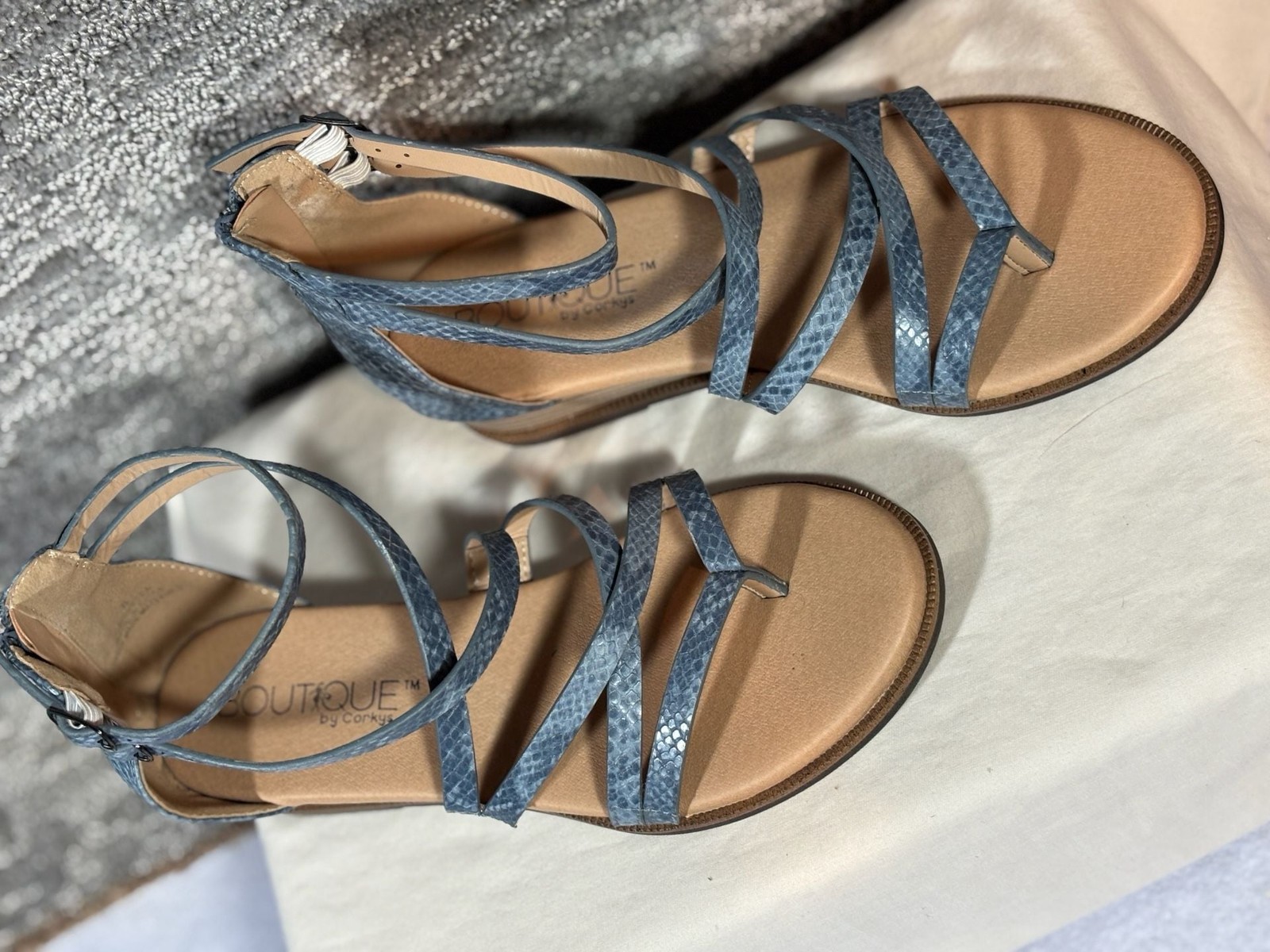 Boutique by Corkys Sweet Tea Blue Snakeskin Strappy Wedge Sandals