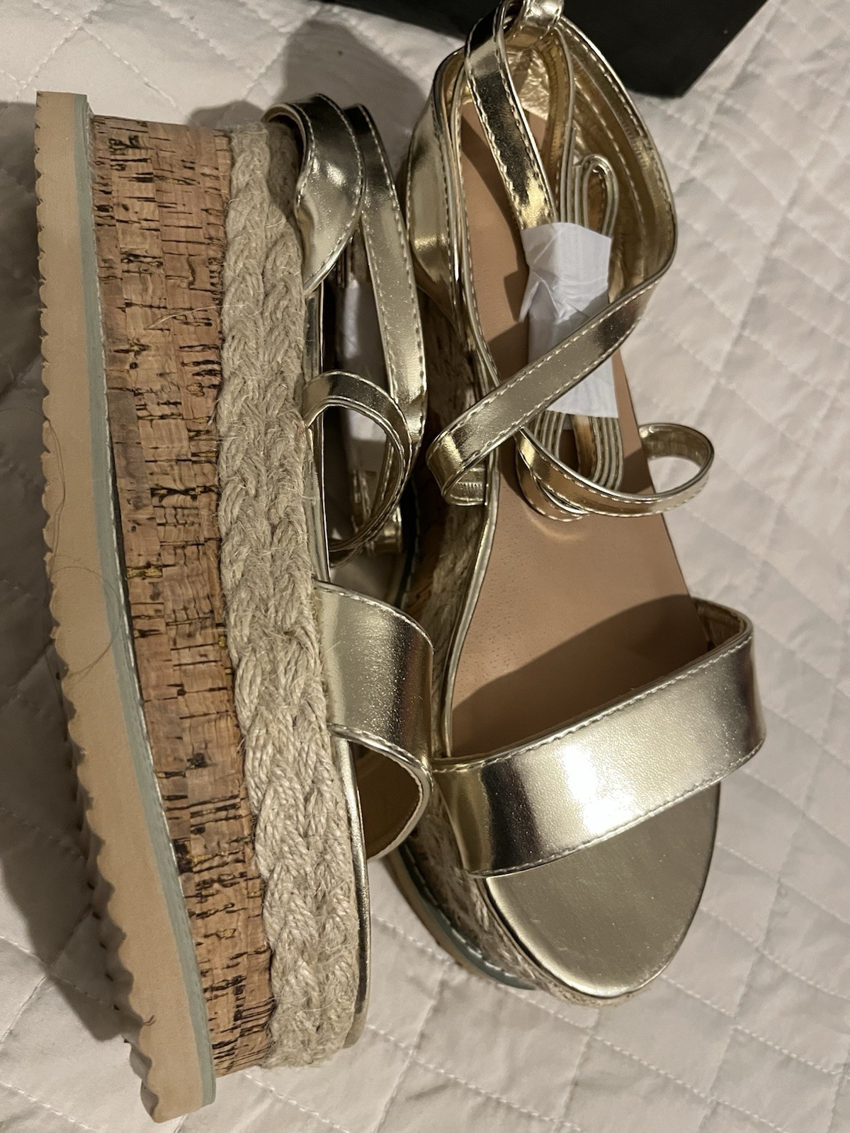 PrettyLittleThing Gold Espadrille Lace-up Platform Sandals SZ 38 / US 7.5 NIB