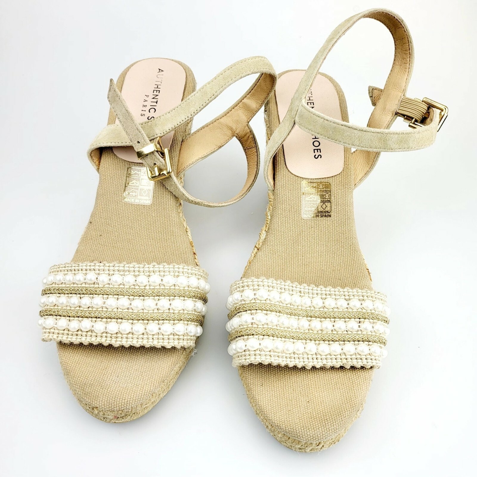 Boho Espadrille Wedge Sandals Womens 8 39 Tan Pearl Beaded Coastal Summer