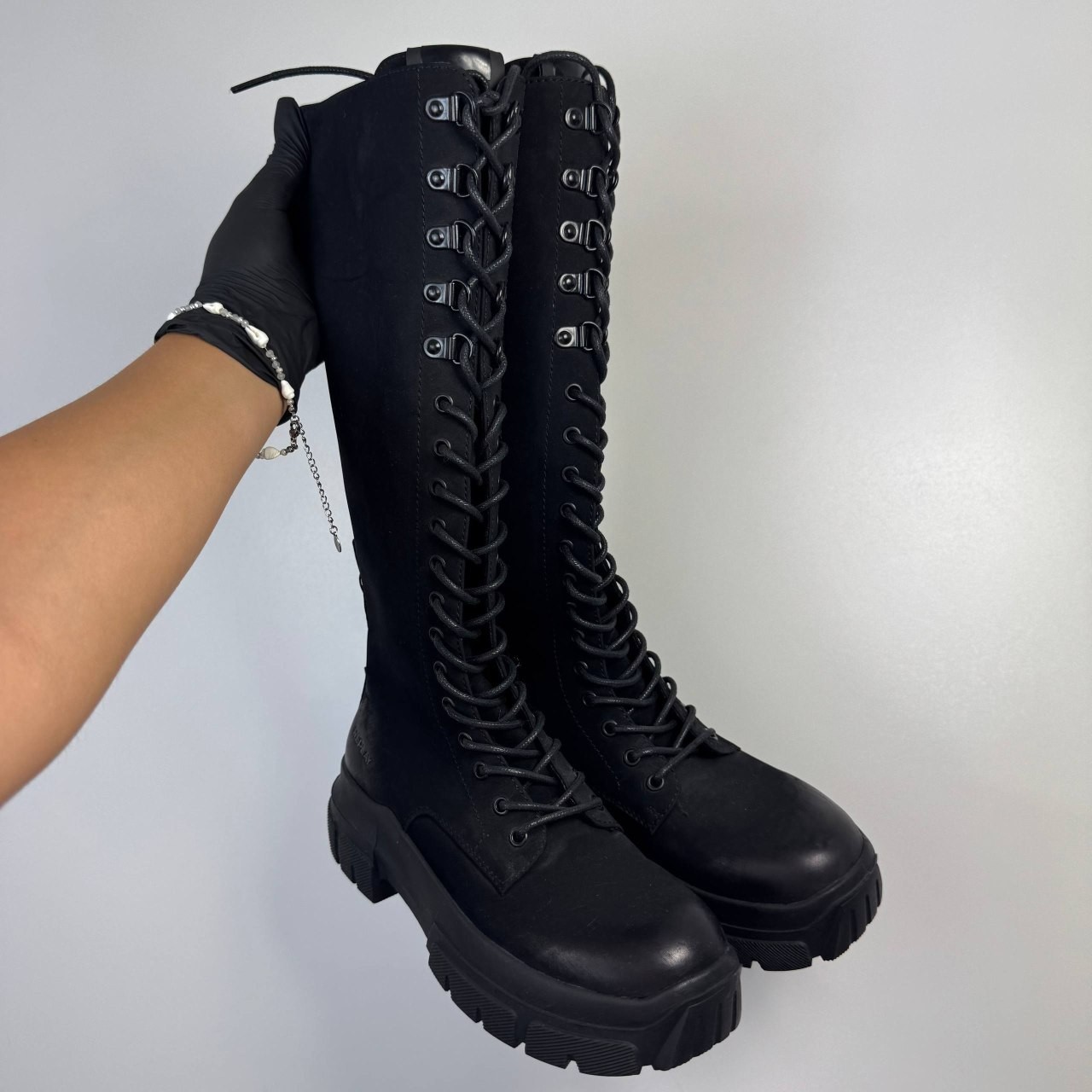Replay Keira High Knee Boots Black Lace Up Zip Leather Free Womens EU37 US7
