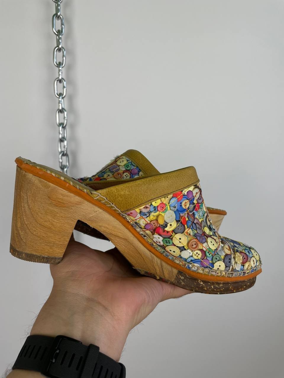 The Art Company Button Print Wooden Clogs , Leather Mule Sandals EU Size 40