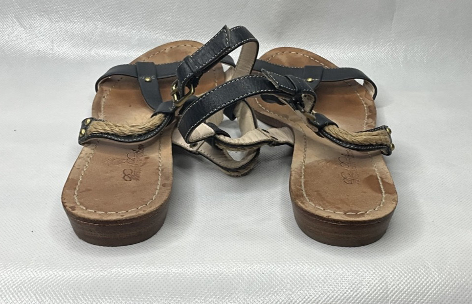 Brooks Brothers Navy Blue Leather Braided T-Strap Sandals Women’s Size 8