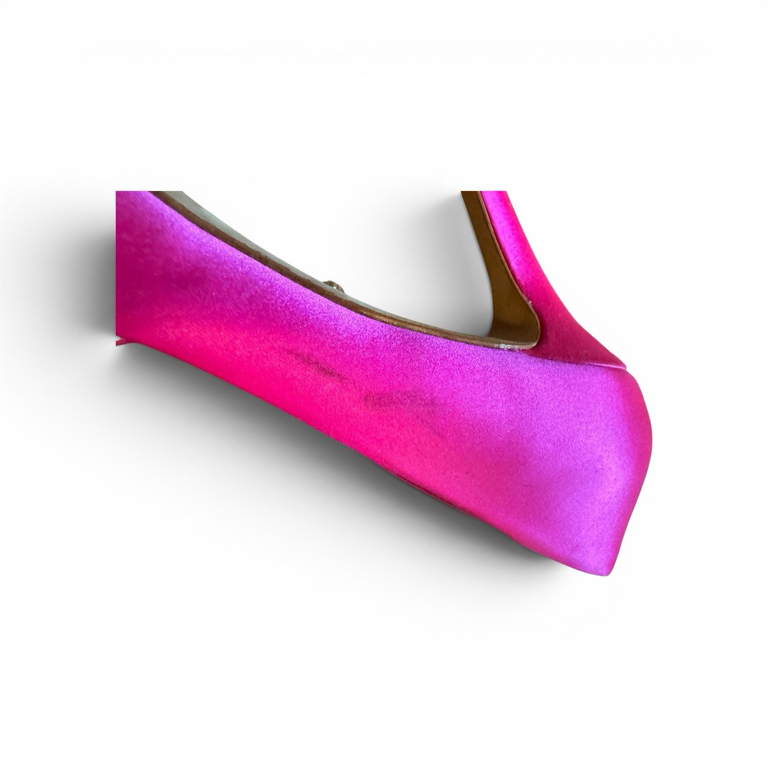 Badgley Mischka satin crystal-buckle pumps in a hot pink/fuchsia satin.