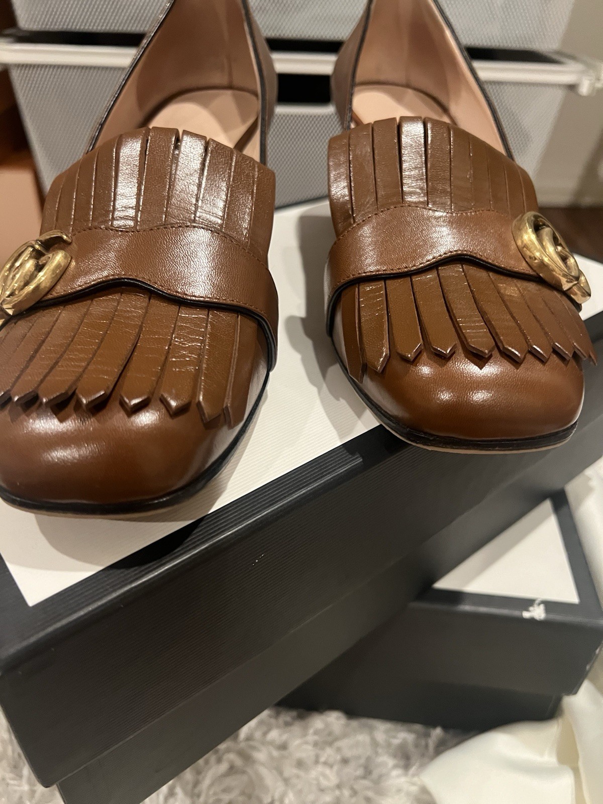 Gucci Dark Brown Marmont GG fringe 55mm block heel Loafer pumps EU39.5
