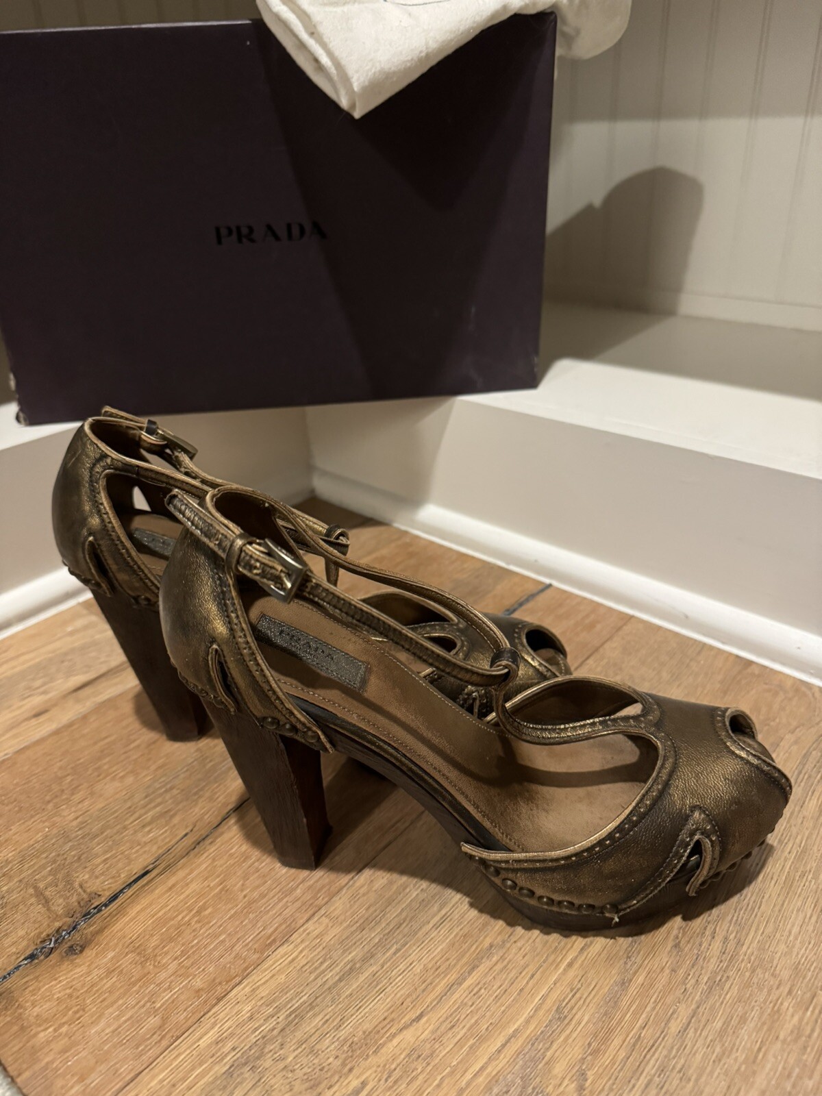 PRADA Bronze T-strap Heels