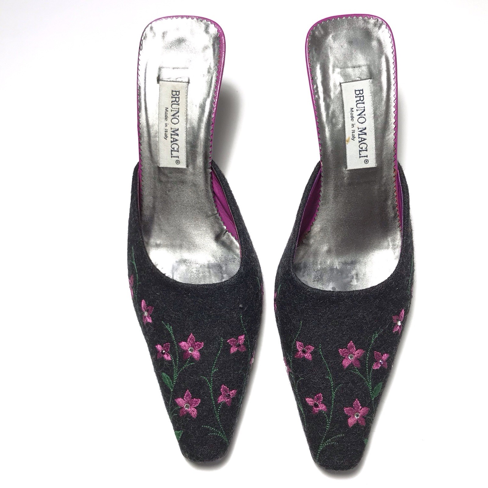 Bruno Magli Y2K Vtg Floral Embroidered Art Deco Heel Gray Wool Kitten Mules 5