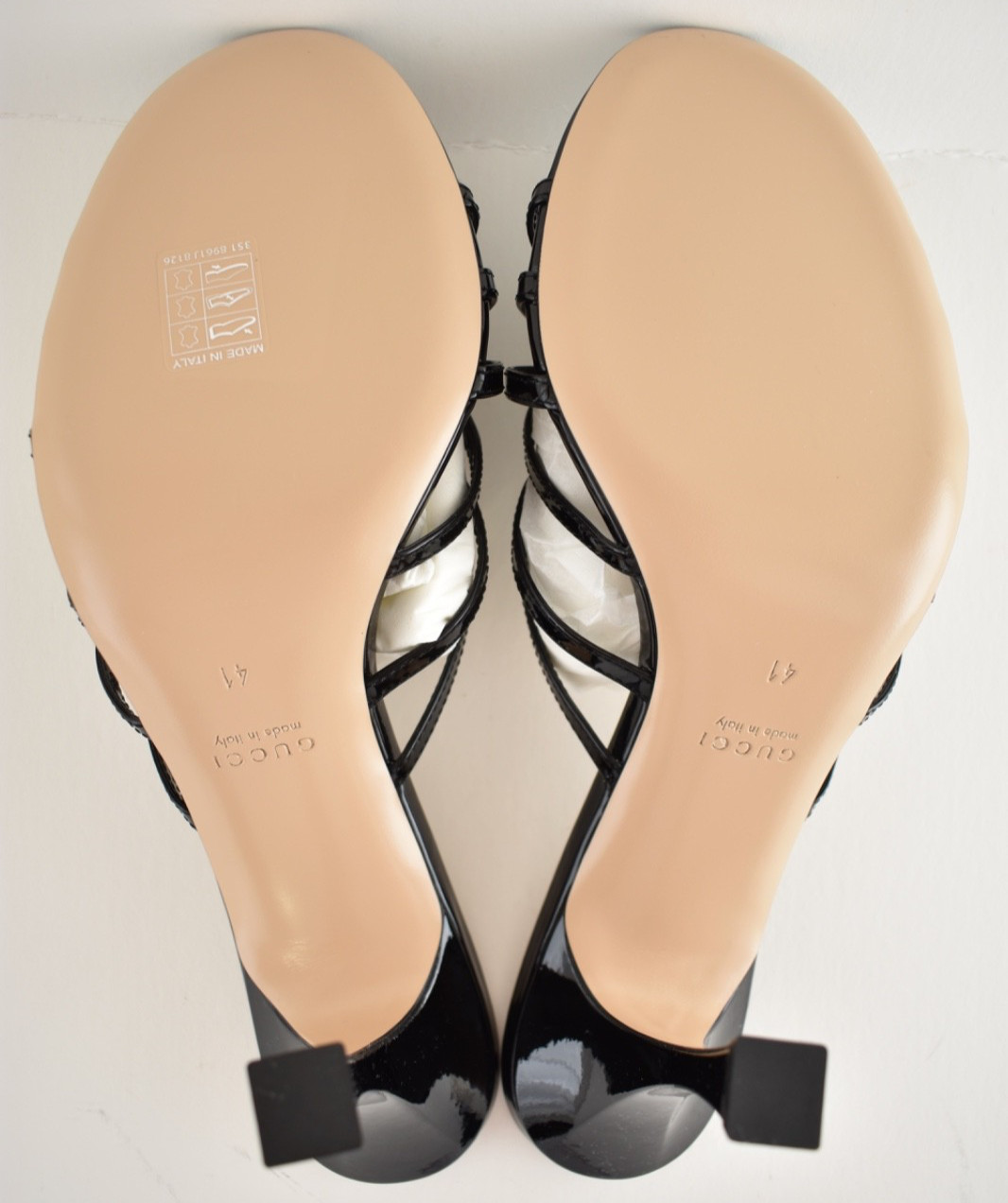 Gucci Interlocking G 85mm Black Patent Crystal GG Logo Heel Mule Sandal 41