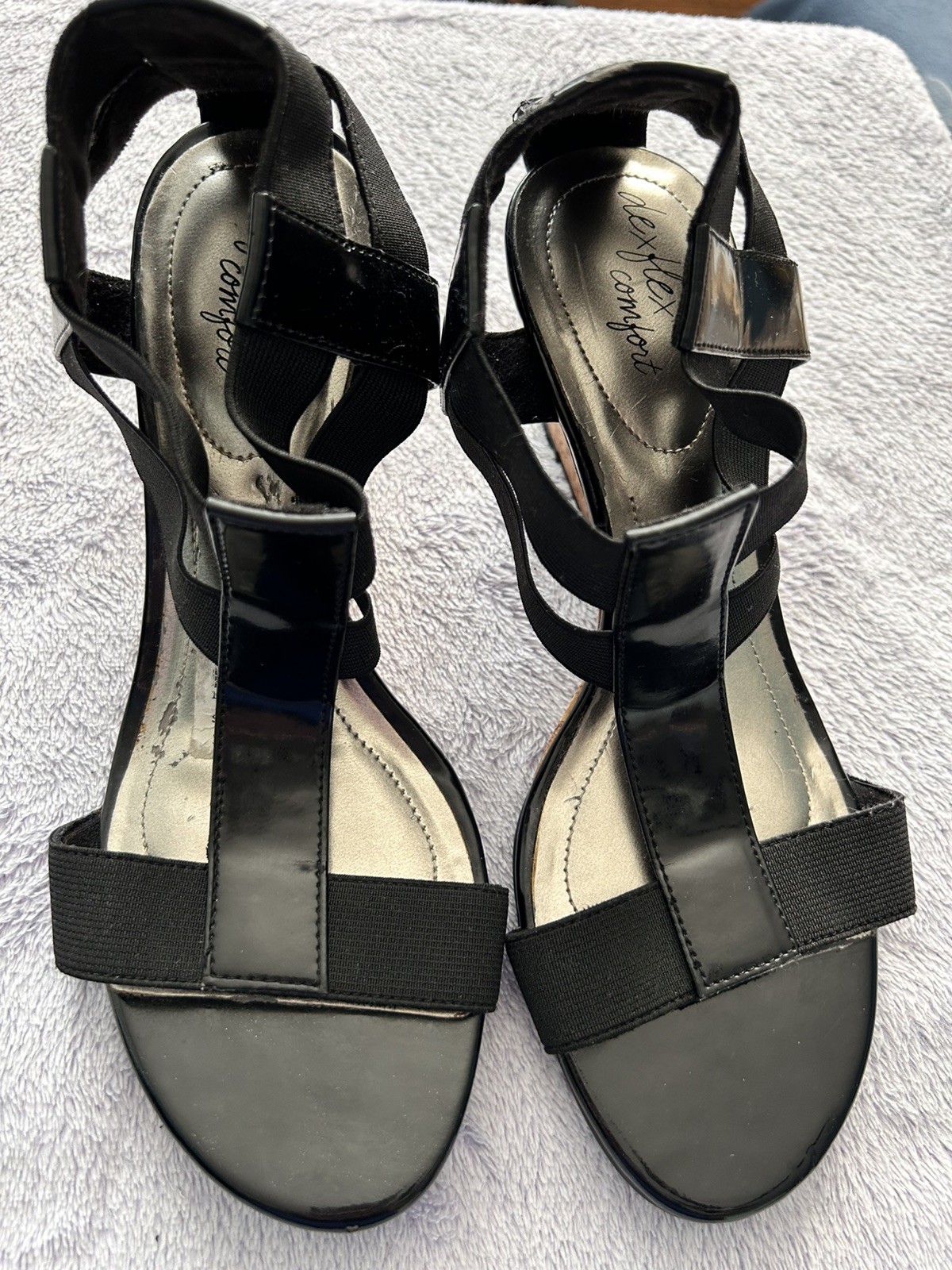 Black Slingback Faux Leather Fabric Stretch Cork Wedge By Dexflex Comfort Sz 7W