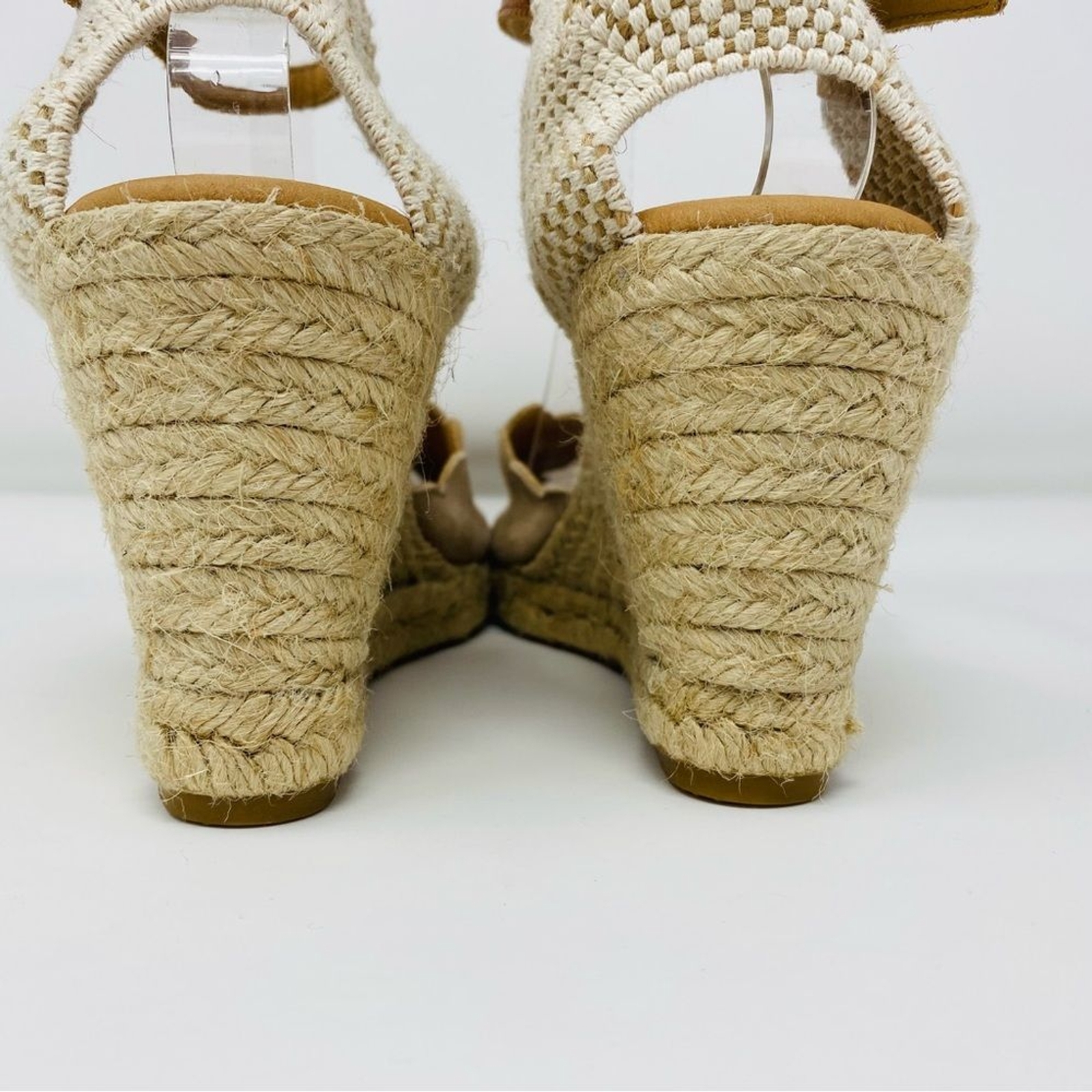 PASEART 41 / 9.5 Peep Toe Taupe Suede Espadrille Scallop Boho Wedge Sandal Spain
