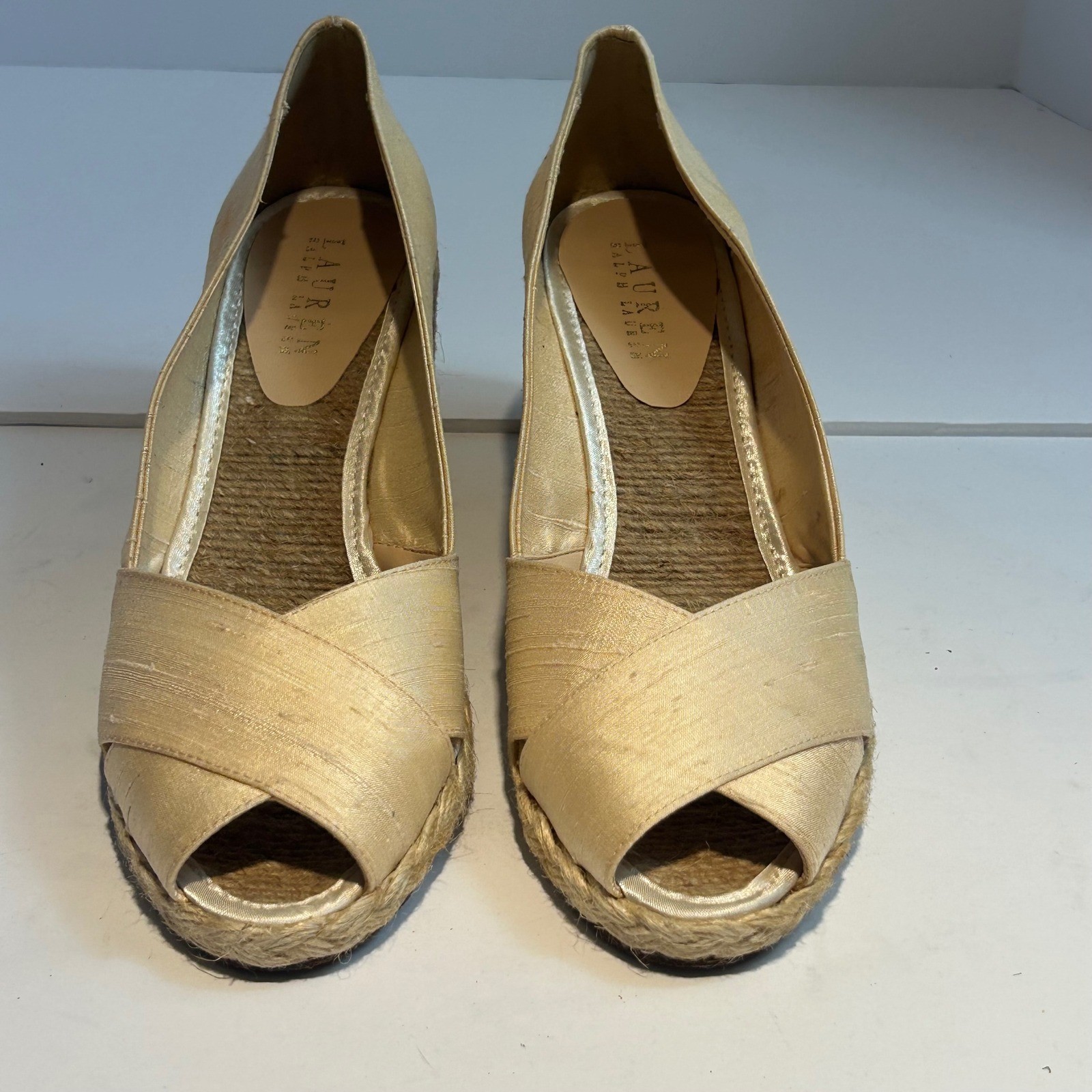 Lauren Ralph Lauren Cecilia Parchment Shantung Espadrille Wedges Gold 9B Spain