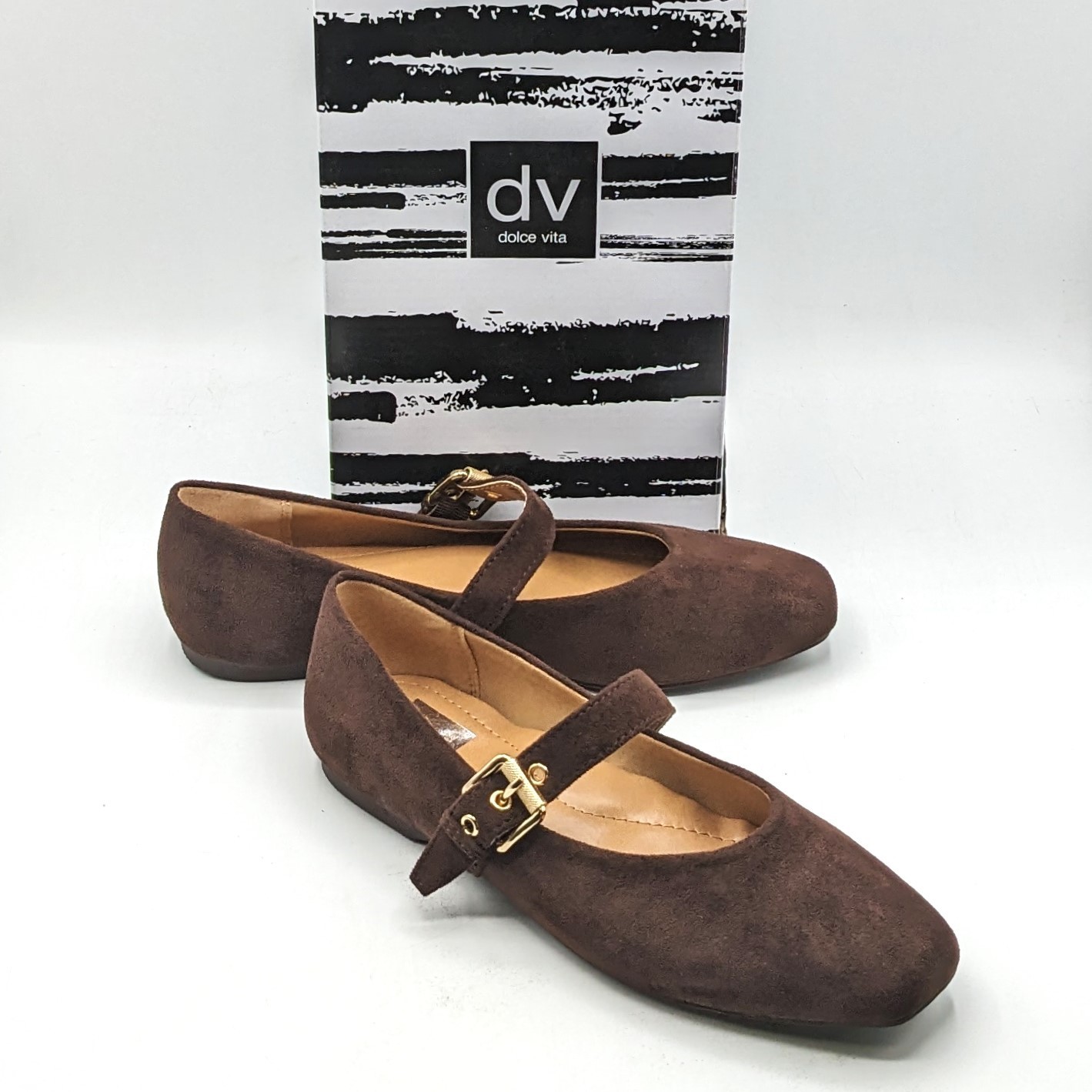 dv by Dolce Vita “Ballet Flat” Faux Suede Brass Buckle Foam Insole (Brown) NEW