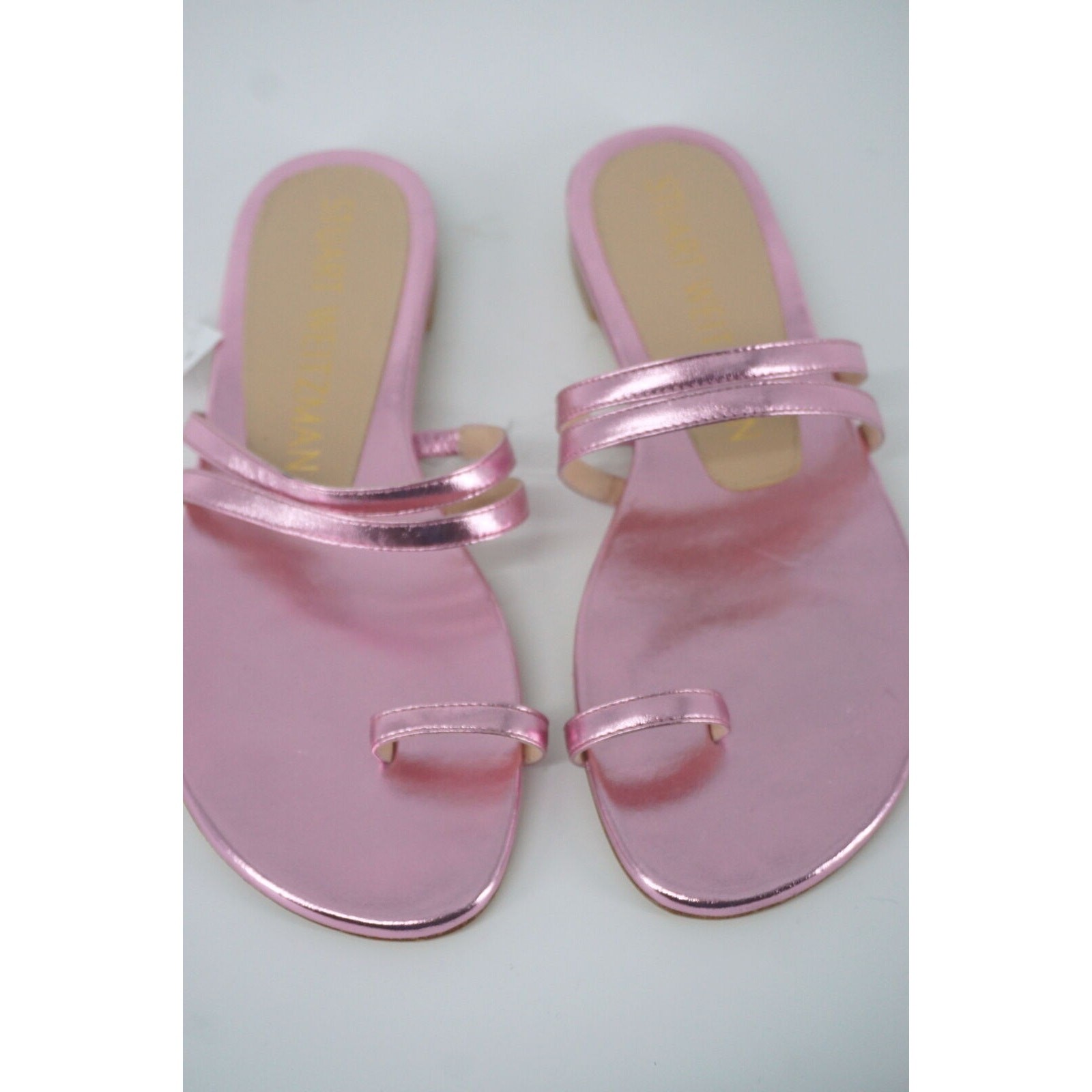 Stuart Weitzman Leonita Slide Pink Metallic Leather Sandals Size 6 New Flat $350
