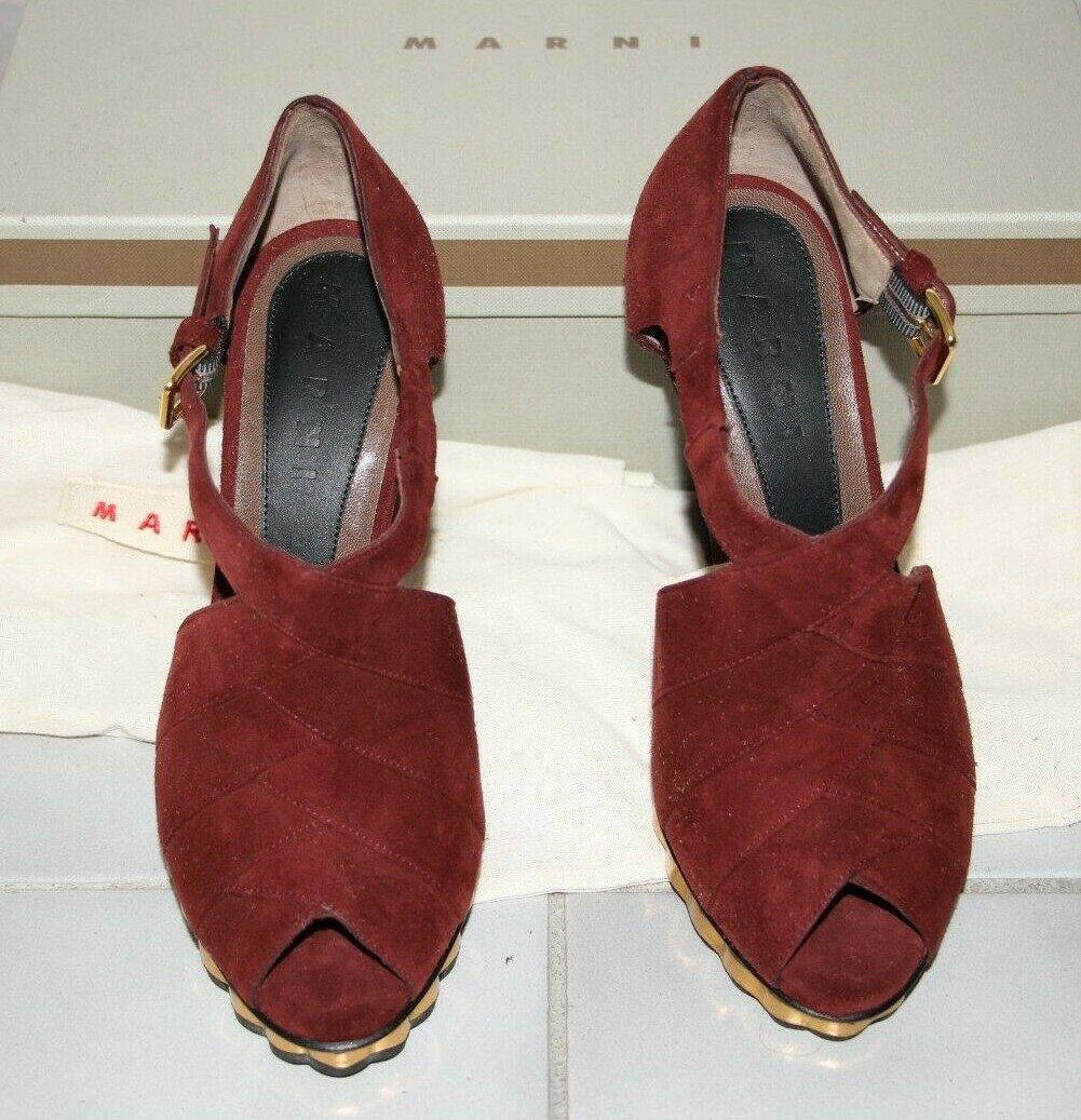 MARNI Sculptured Heels Gold Interwoven Platform Suede Sandal sz US 6/IT 36 $880