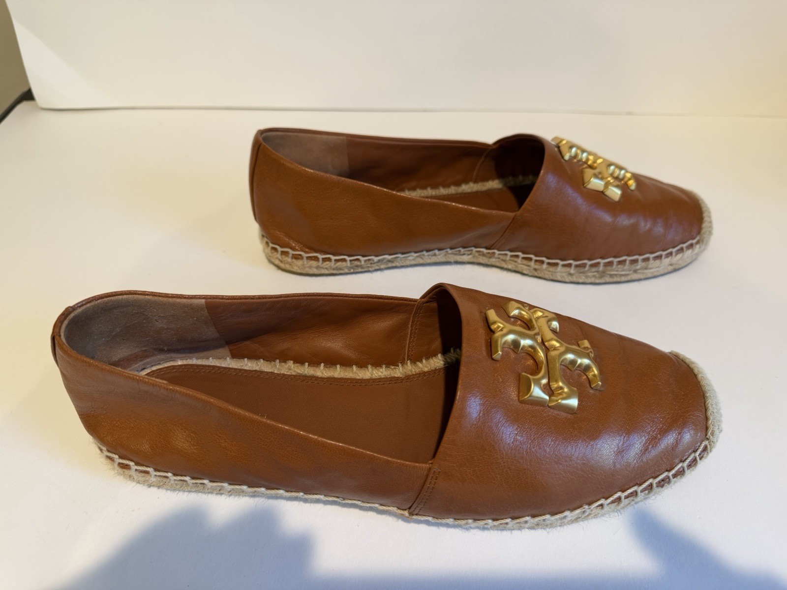 Tory Burch Eleanor Calf Leather Espadrille Flats Bourbon Gold Size 10 Box