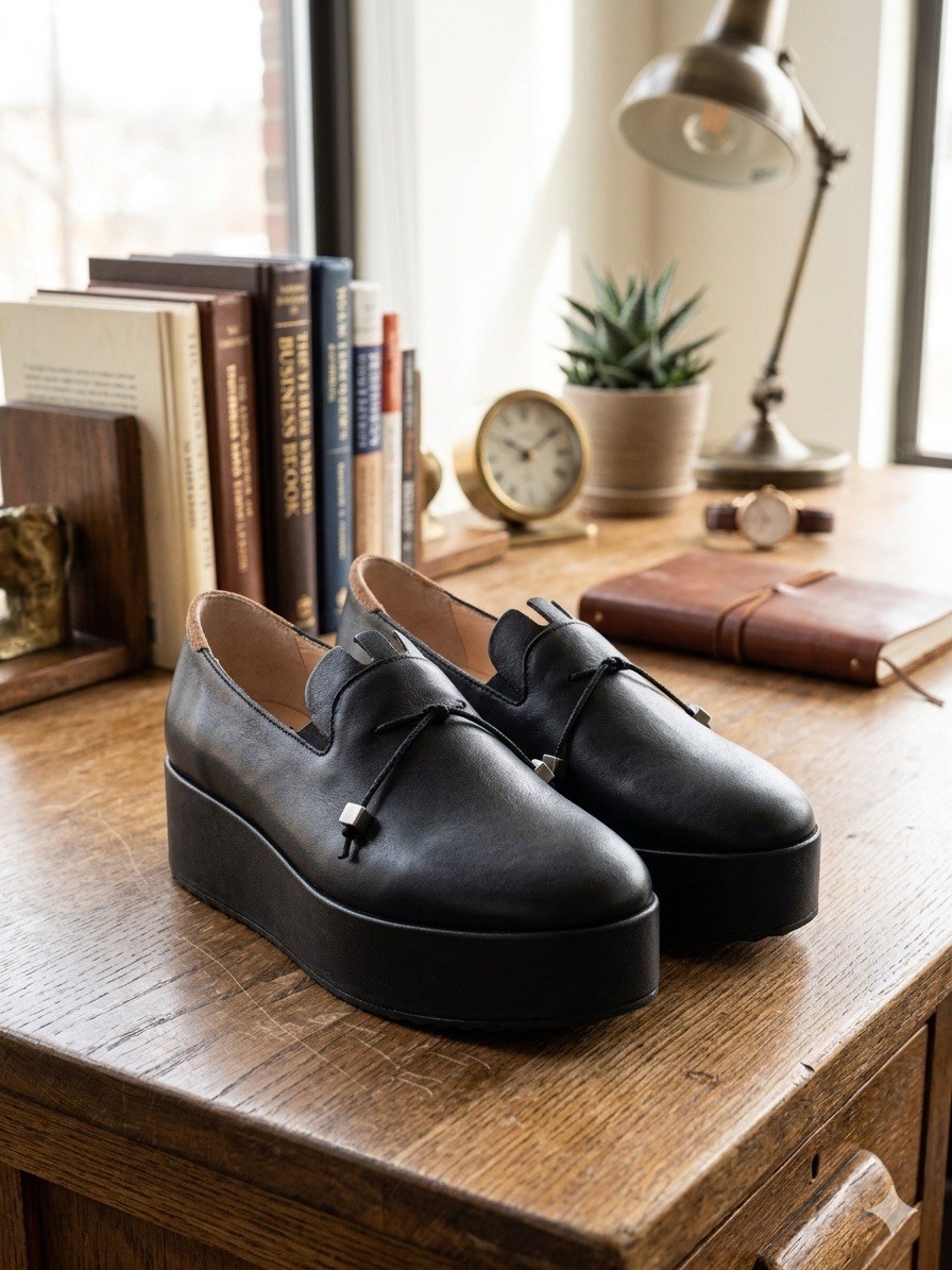 Trippen Germany Black Leather Platform Wedges Cube Bead Tie Minimalist Boho Sz 7