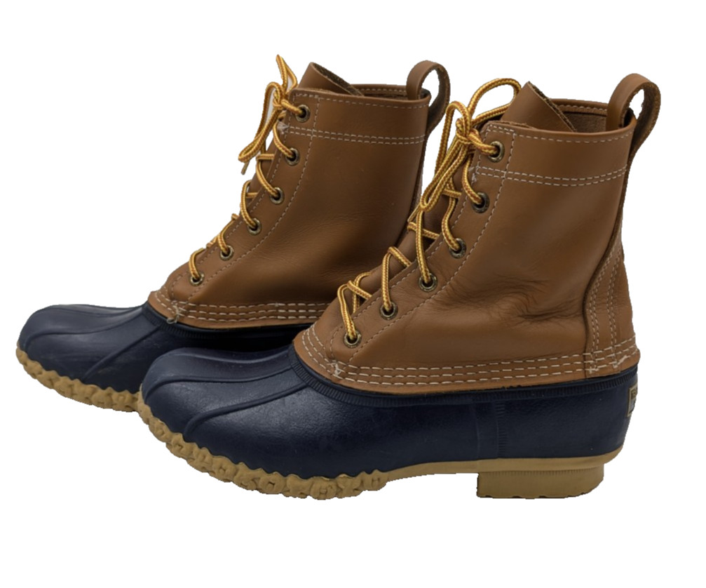 L.L. Bean Bean Boots 8″ Women’s 9M Tan Navy Duck Boot Made in Maine USA 212880