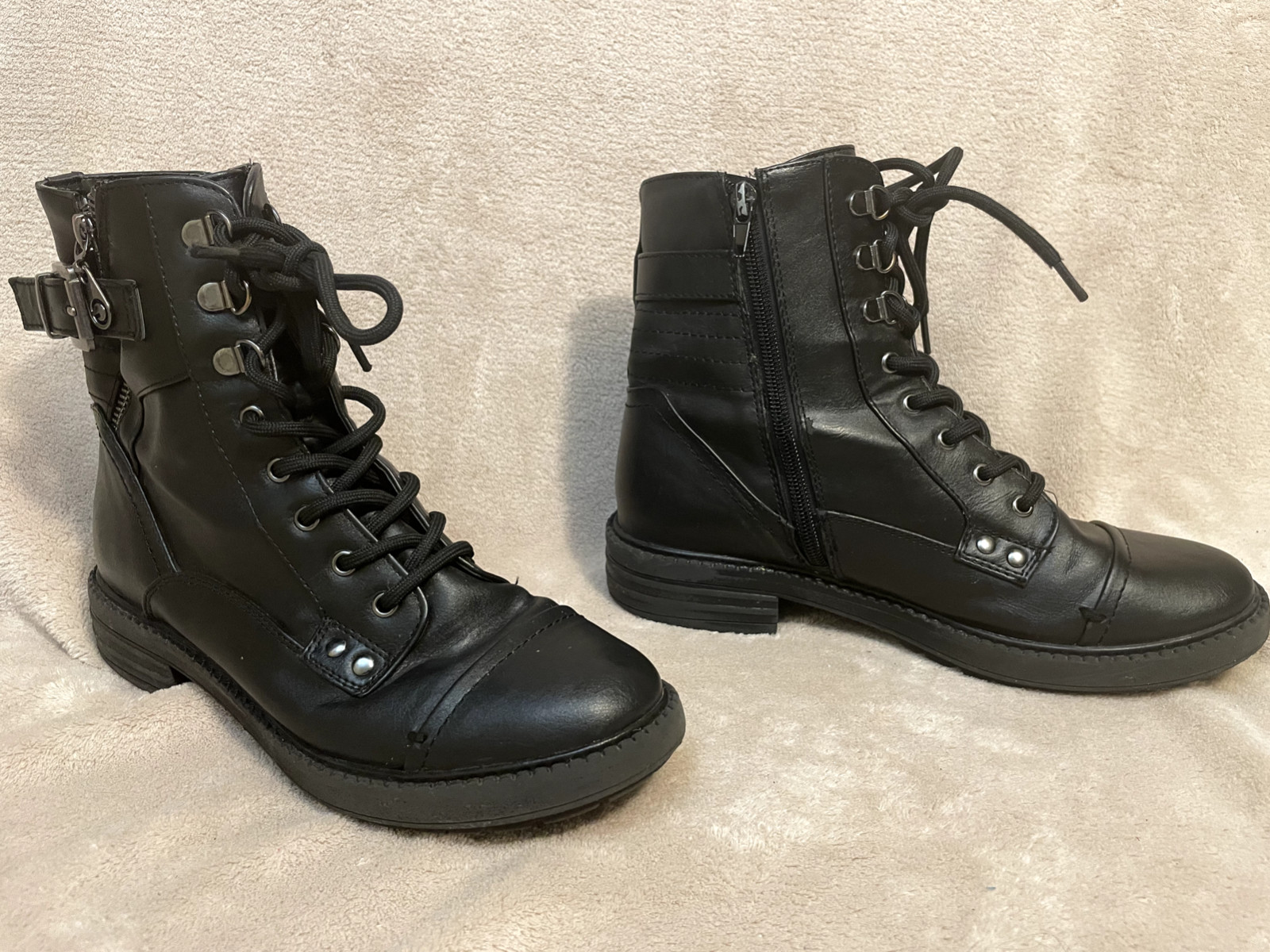 GBG Los Angeles Combat-Style Ankle Black Boots Size 7.5 M Zipper Buckle Lace-Up