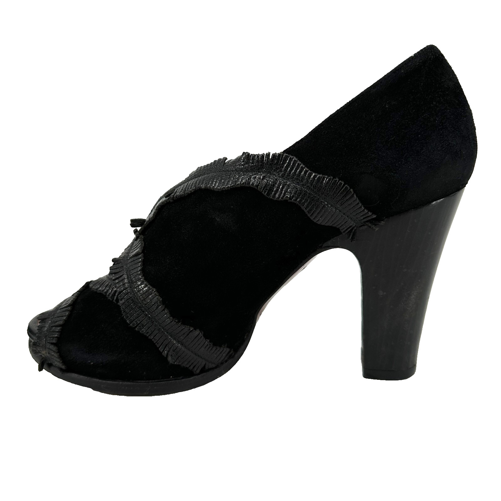 Chie Mihara Black Suede Ankle Peep Toe Booties EU 37 US 6.5 Fringe 3.5in Heel