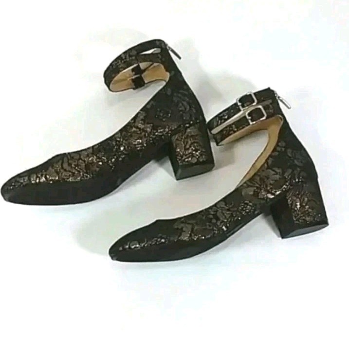 Marc Fisher Kary Floral Brocade Embroidered Ankle Strap Block Heel black gold