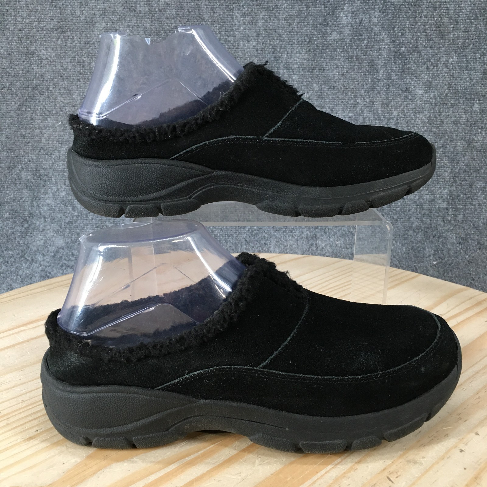 Lands End Shoes Womens 8 B Black Suede Slip On Clog Faux Fur Lined Comfort