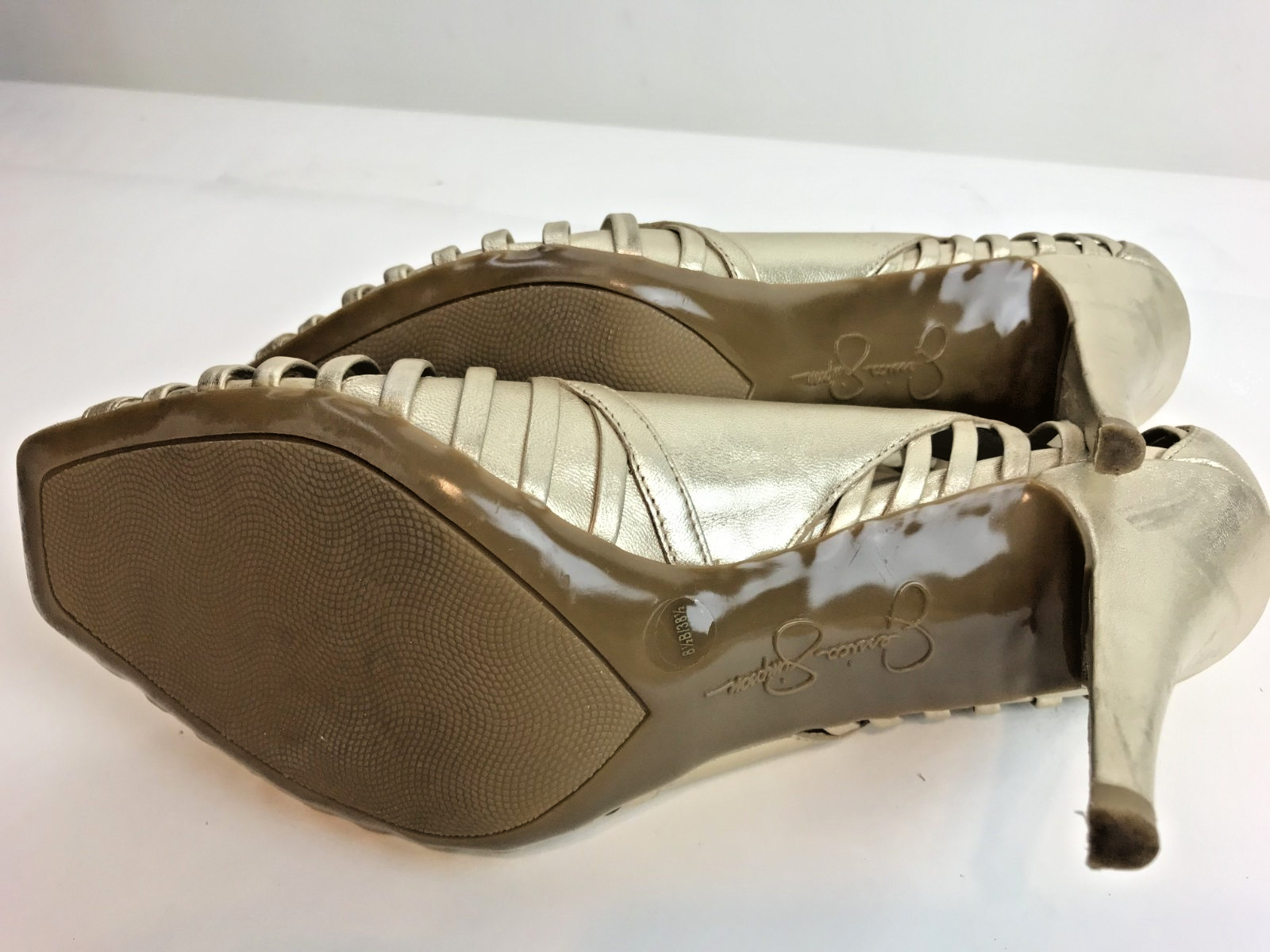 Jessica Simpson–Beige Leather Strappy Peep Toe Stiletto 4.25″ Heels – Sz 8.5M