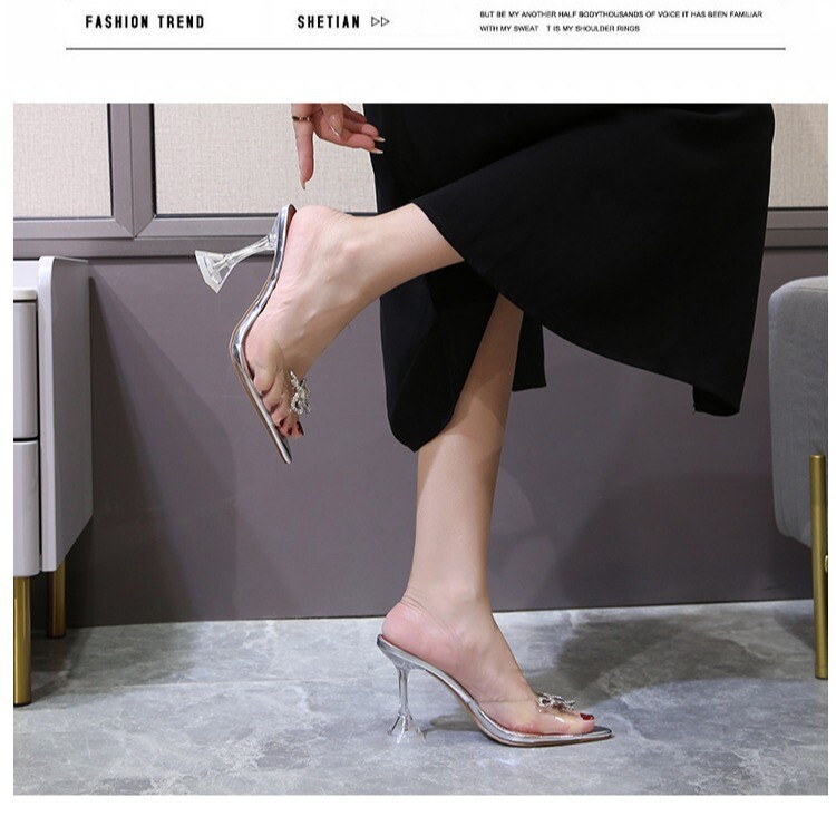 Womens Bow Rhinestone Slipper Shoes Mule Slide Clear High Heel Sandals Plus Size