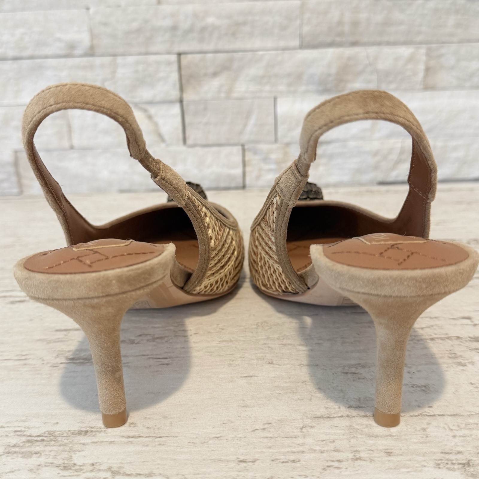 Kurt Geiger London Belgravia Slingback Raffia Woven Heels Beige Combo Size 36 EU