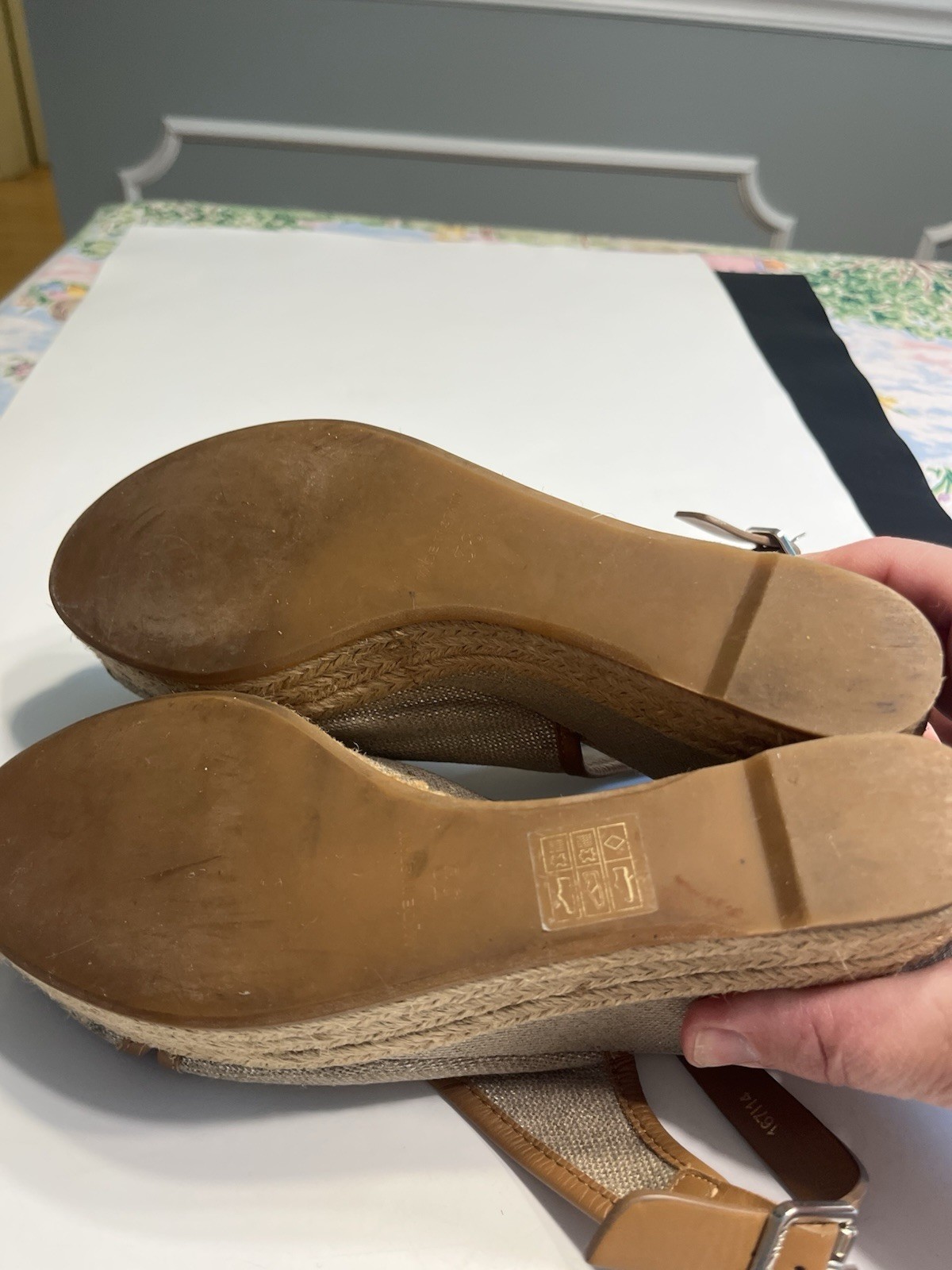 Tory Burch Majorca Beige Canvas Tan Peep Toe Platform Slingback Wedge 8