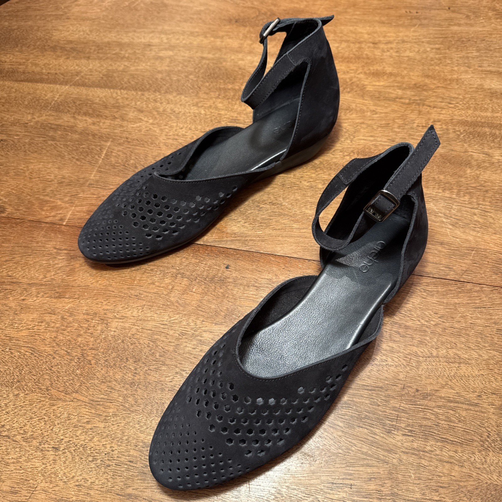 ARCHE Black Cut Out Leather Micro Suede Flats Ankle Strap France EU 42 US 10