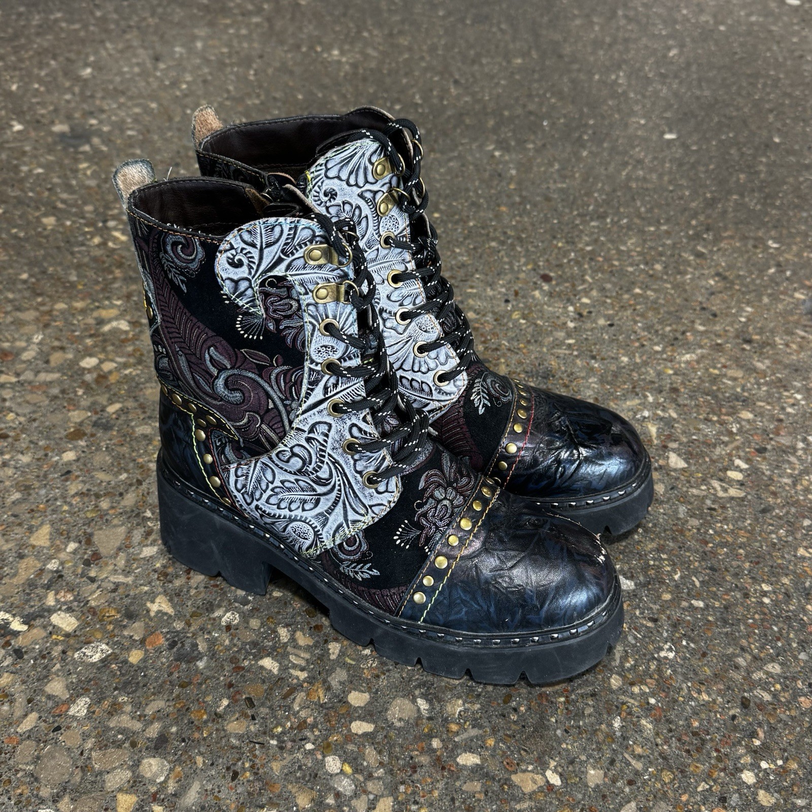 L’ Artiste By Spring Step Severity Boots Womens Combat Floral Studded Size 41