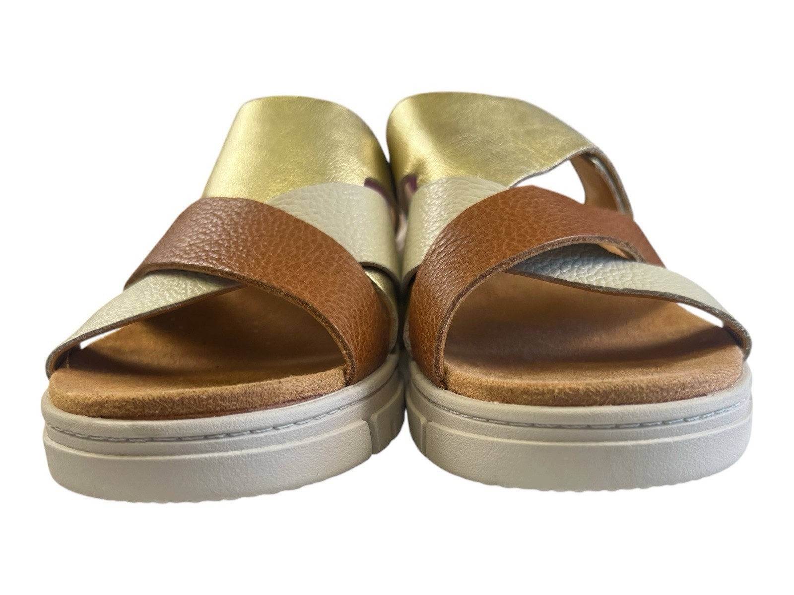 Vionic Uptown Sunset Wedge Slide Sandal Tan Gold Met Leather New Size 7.5