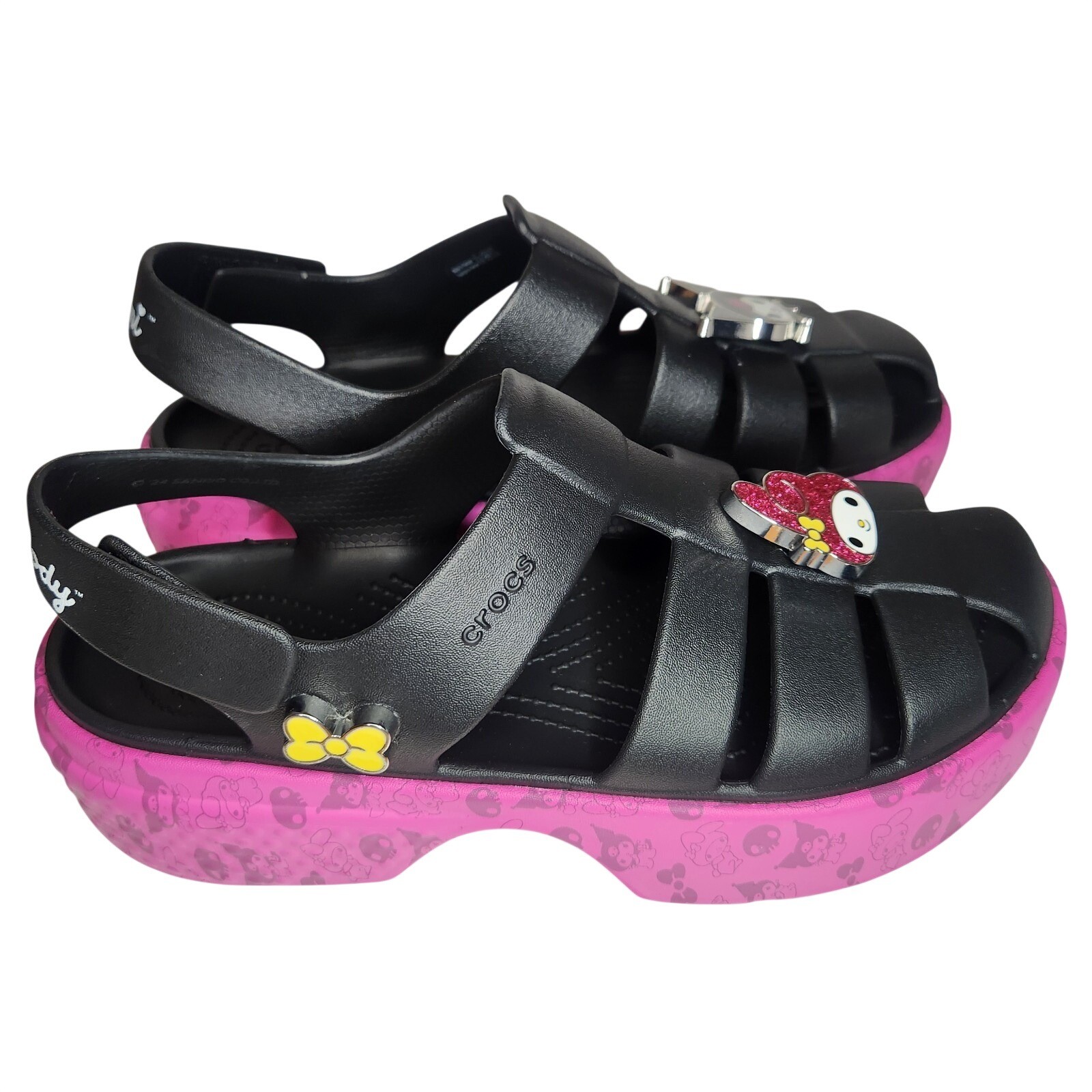 CROCS Sandals W9 M11 Black Pink Platform Hello Kitty Kuromi Whimsigoth NEW
