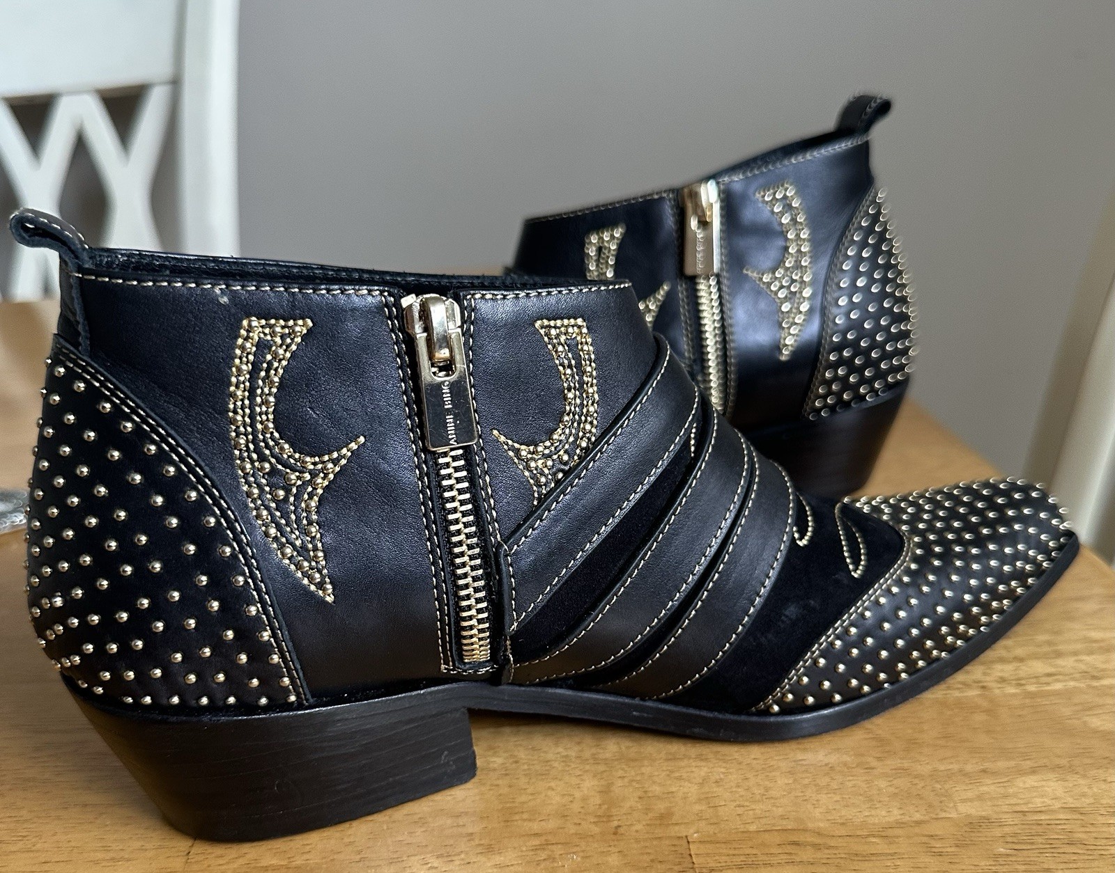 Anine Bing Penny Ankle Boots 37 Black Gold Studded Zipper Buckles 6.5 US